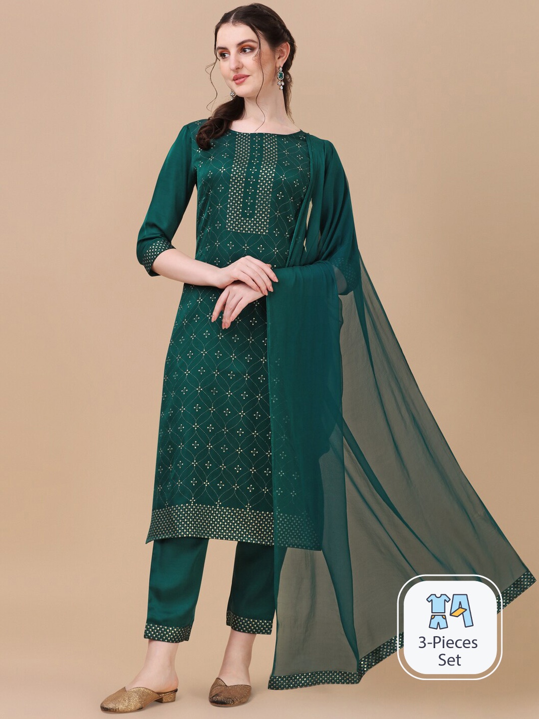 KALINI Floral Embroidered Sequinned Regular Kurta with Trousers & With Dupatta, Green
KALINI Floral Embroidered Sequinned Regular Kurta with Trousers & With Dupatta, Green