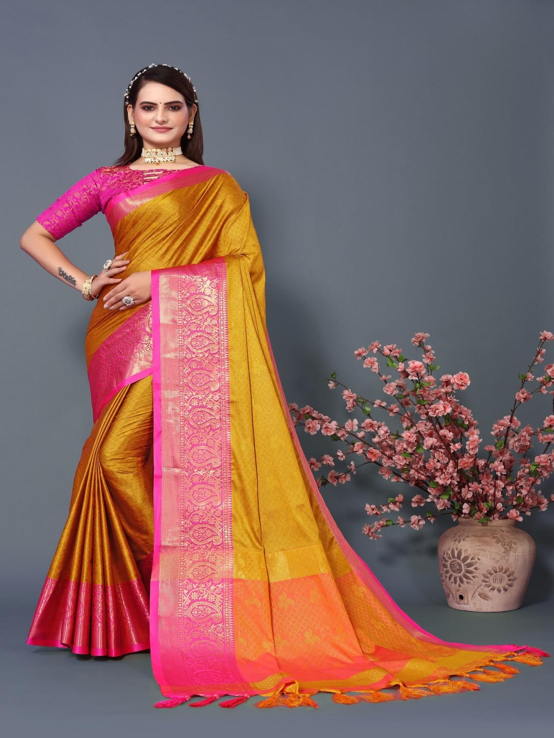 Paramparik Textile Ethnic Motifs Woven Design Zari Silk Cotton Banarasi Saree, Yellow
Paramparik Textile Ethnic Motifs Woven Design Zari Silk Cotton Banarasi Saree, Yellow