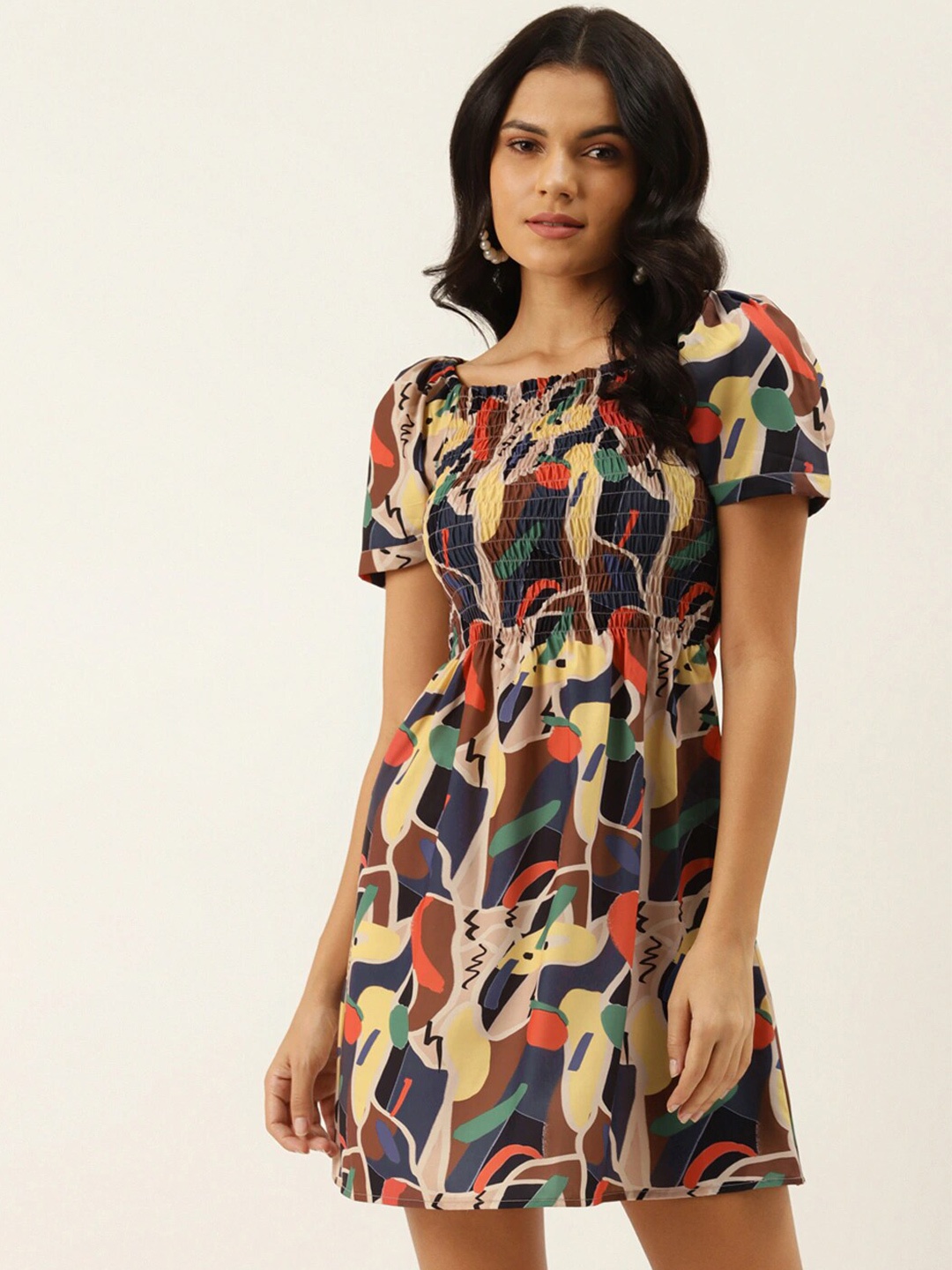 DressBerry Beige & Brown Abstract Printed Square Neck Smocked Georgette A-Line Dress
DressBerry Beige & Brown Abstract Printed Square Neck Smocked Georgette A-Line Dress