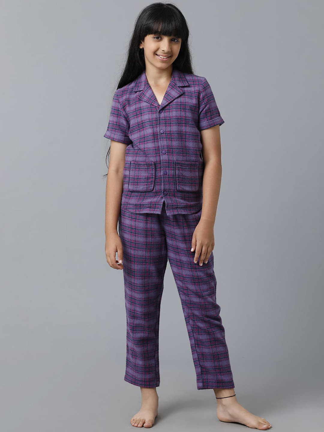 UNDER FOURTEEN ONLY Girls Checked Pure Cotton Night suit, Purple 
UNDER FOURTEEN ONLY Girls Checked Pure Cotton Night suit, Purple