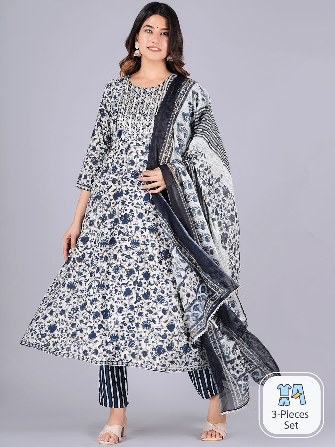 KALINI Floral Printed Regular Thread Work Pure Cotton Kurta with Trousers & Dupatta, Grey
KALINI Floral Printed Regular Thread Work Pure Cotton Kurta with Trousers & Dupatta, Grey