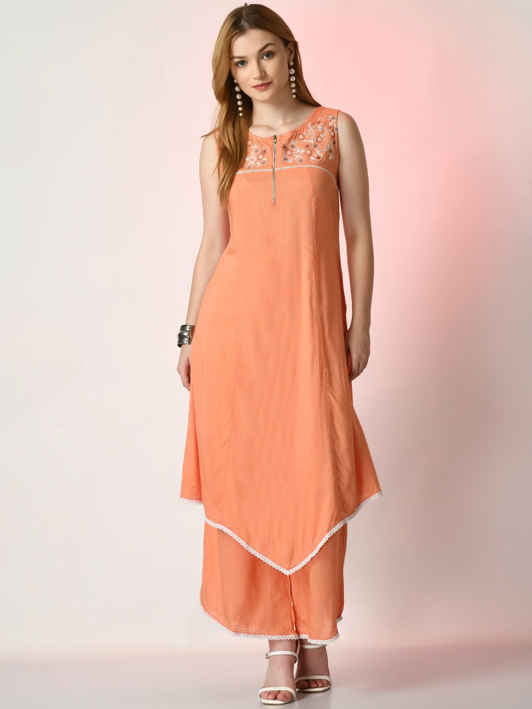 Sangria Floral Embroidered Pure Cotton A-Line Kurta With Palazzo, Peach
Sangria Floral Embroidered Pure Cotton A-Line Kurta With Palazzo, Peach