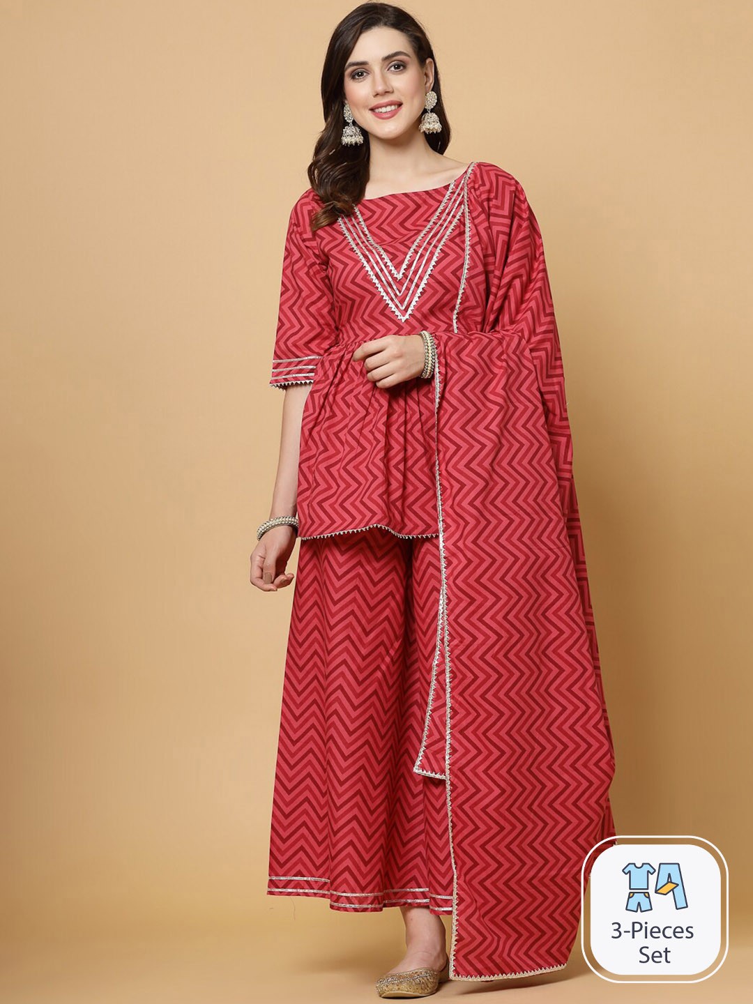 KALINI Geometric Printed Gotta Patti Detailed A-Line Kurti & Palazzos With Dupatta, Maroon
KALINI Geometric Printed Gotta Patti Detailed A-Line Kurti & Palazzos With Dupatta, Maroon