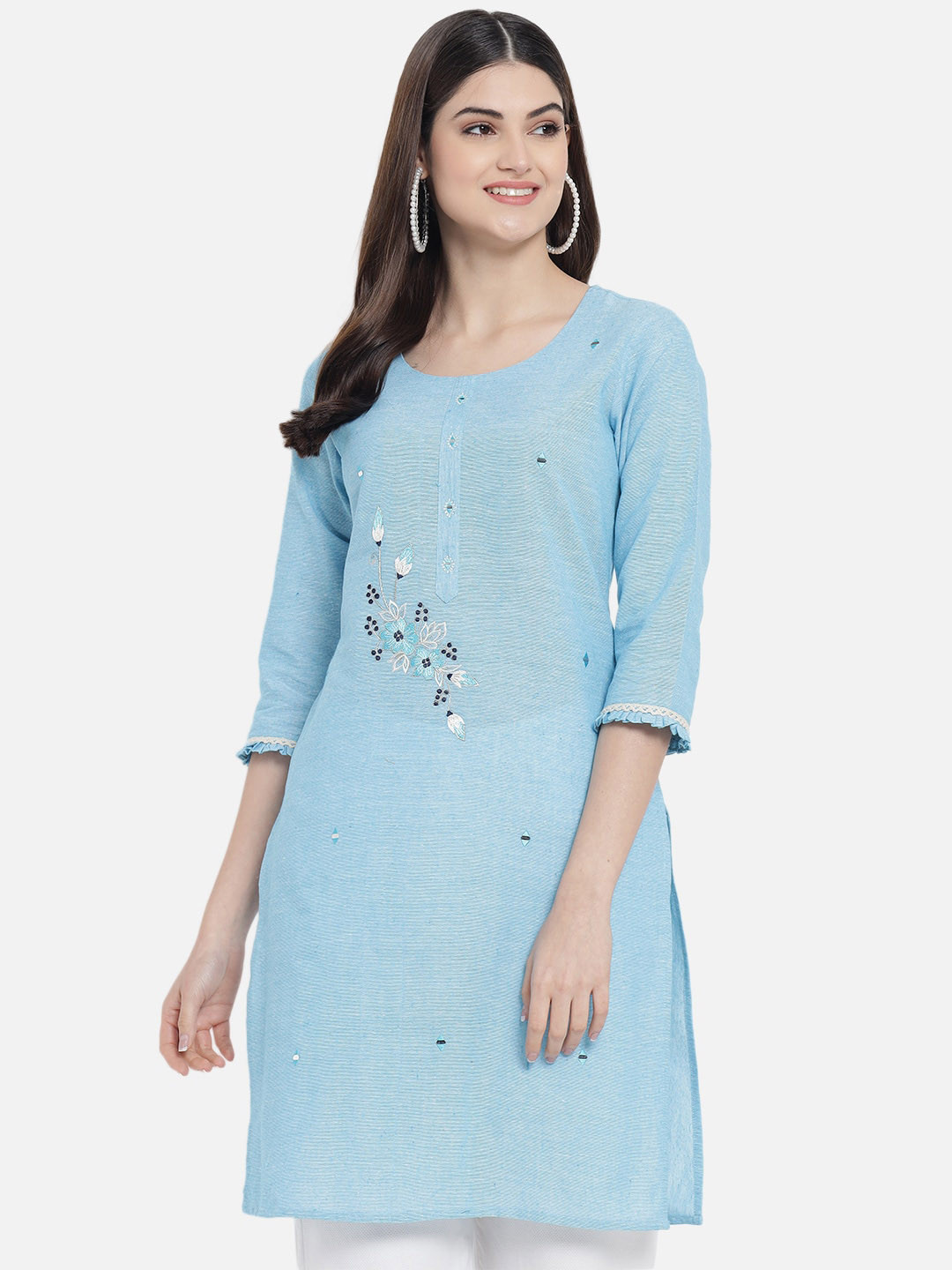 AAYUMI Floral Embroidered Round Neck Three-quarter Sleeve Mirror Work Cotton Kurta, Blue
AAYUMI Floral Embroidered Round Neck Three-quarter Sleeve Mirror Work Cotton Kurta, Blue