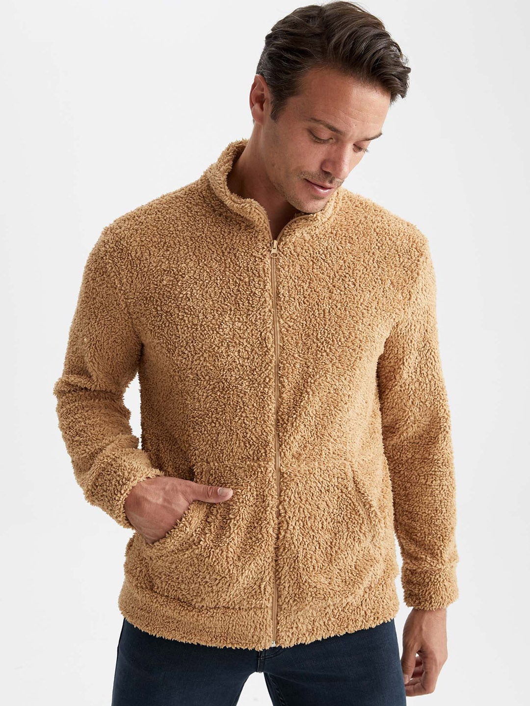 DeFacto Boucle Self Design Mock Collar Front-Open Sweater, Beige