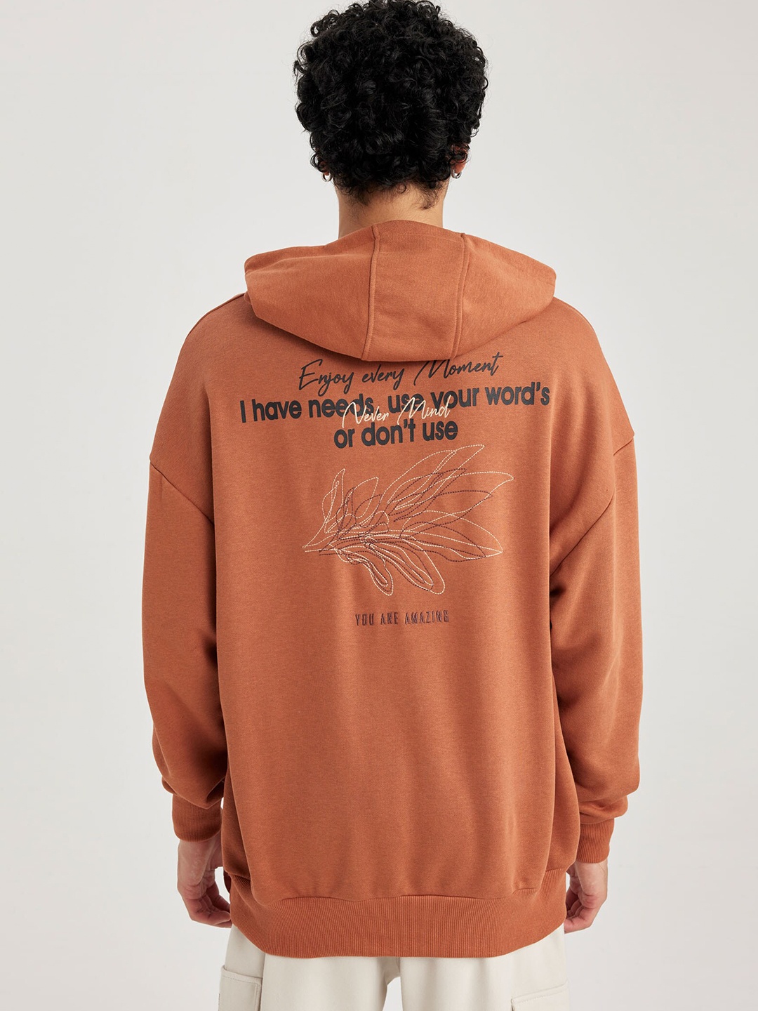 DeFacto Typography Printed Hooded Sweatshirt, Orange
