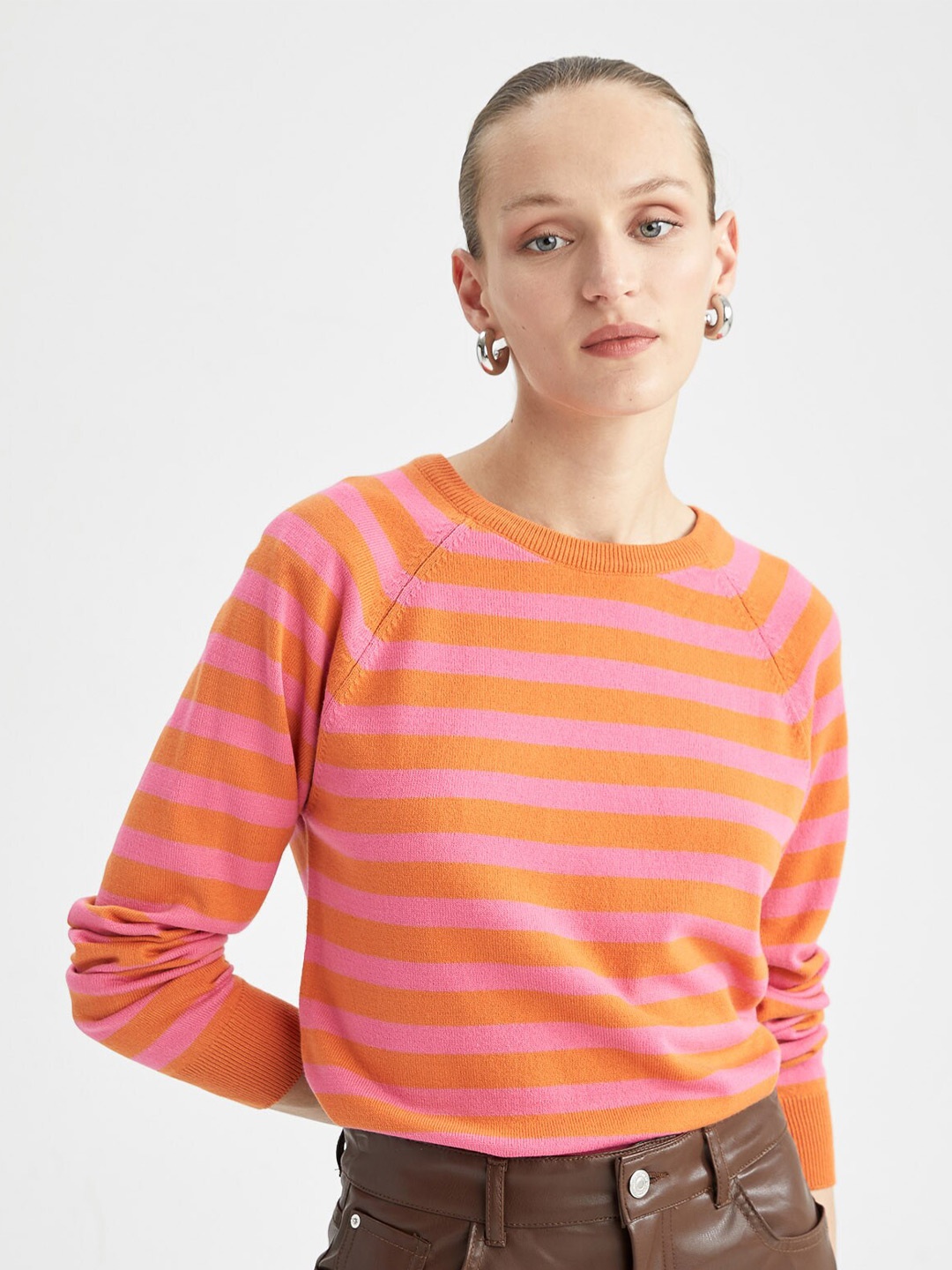 DeFacto Striped Acrylic Pullover, Orange