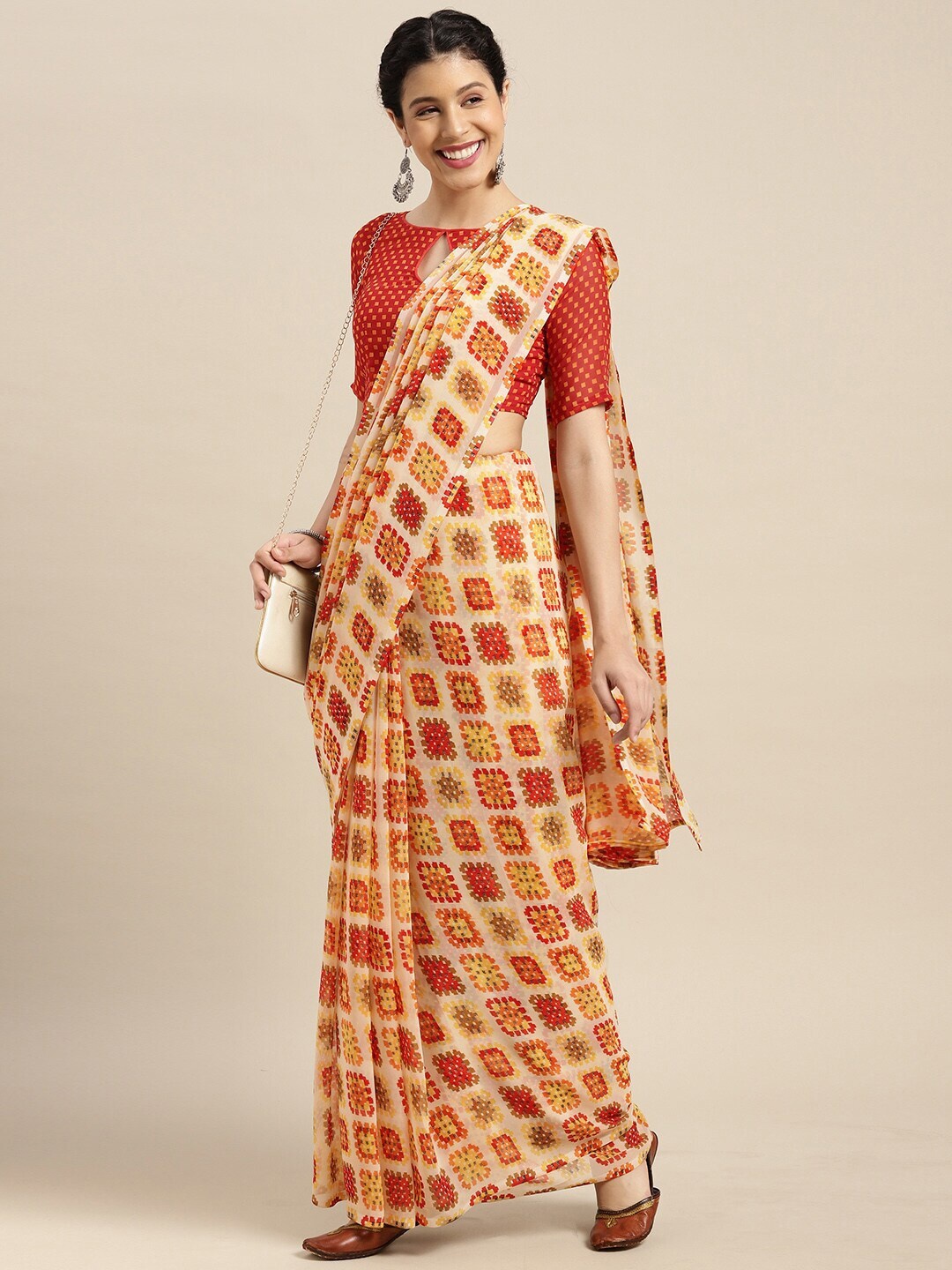 Shaily Geometric Printed Saree, Cream