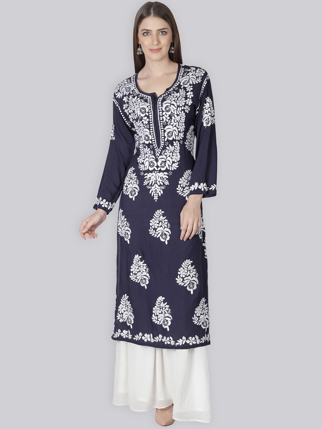 Seva Chikan Floral Embroidered Scoop Neck Chikankari Modal Straight Kurta, Navy blue
Seva Chikan Floral Embroidered Scoop Neck Chikankari Modal Straight Kurta, Navy blue