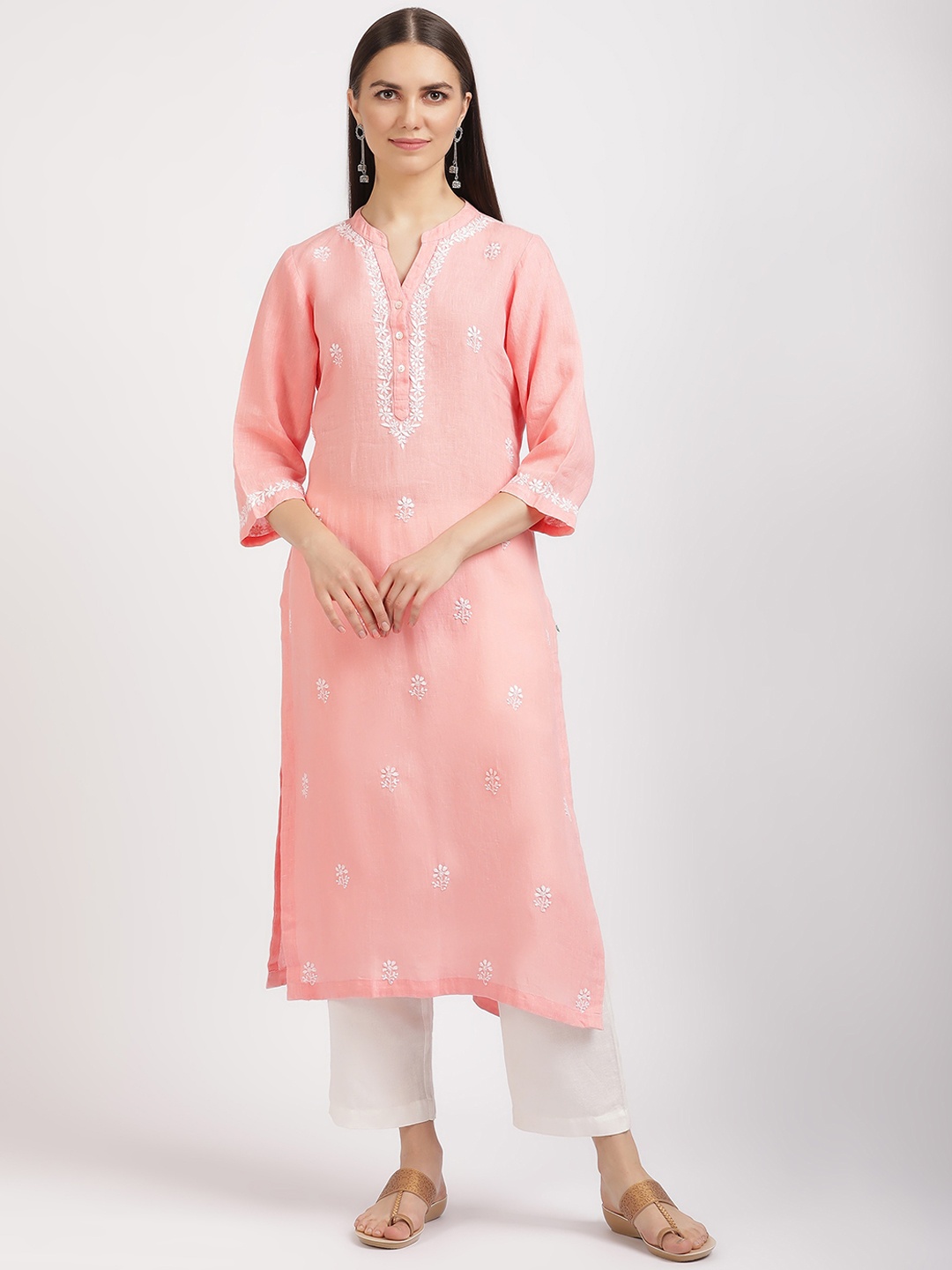 Linen Club Woman Floral Embroidered Mandarin Collar Chikankari Straight Kurta, Peach
Linen Club Woman Floral Embroidered Mandarin Collar Chikankari Straight Kurta, Peach