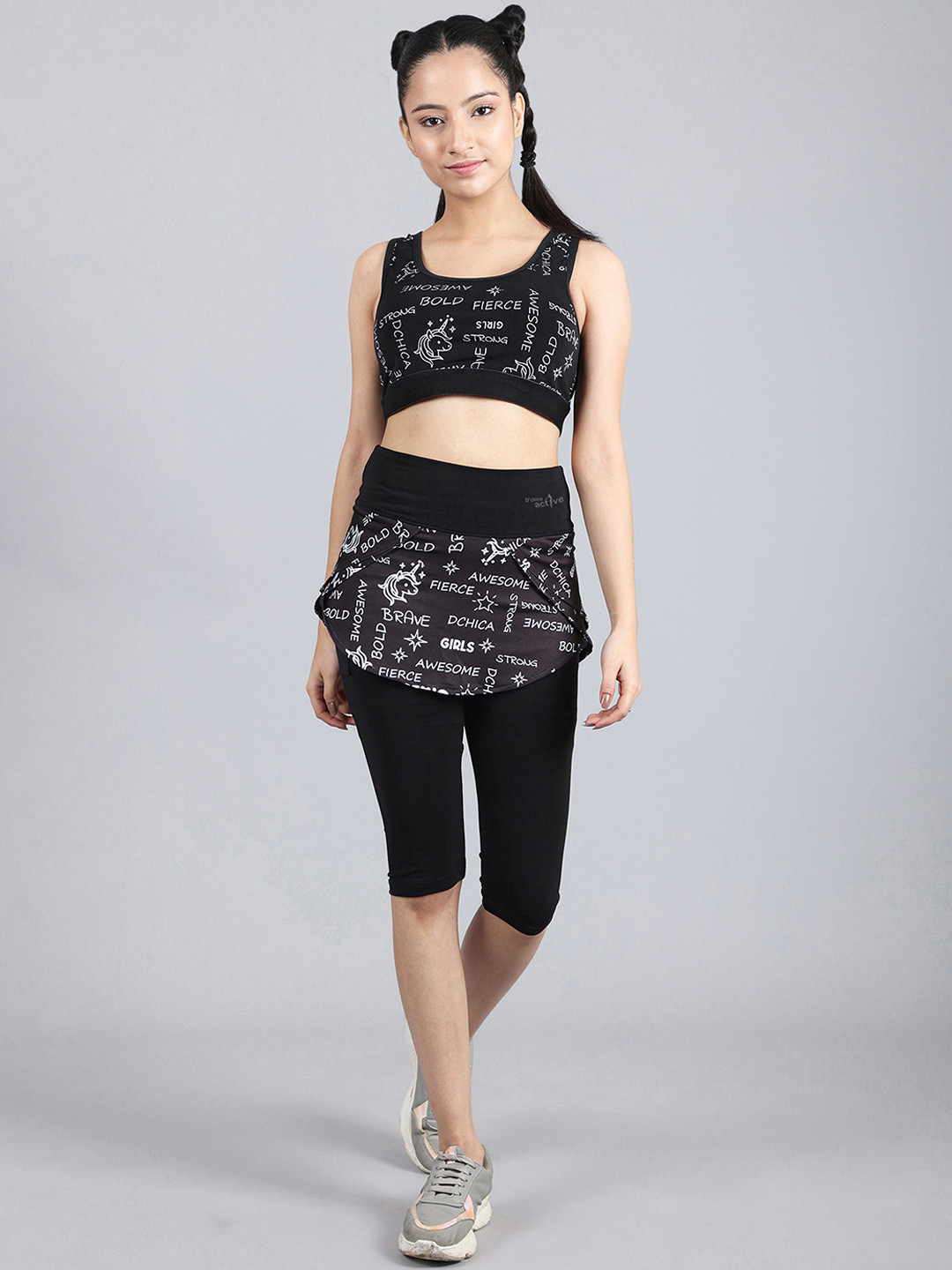 DChica Typography Printed Sports Bra & Three-Fourth-Length Skirted Tights Tracksuits, Black
DChica Typography Printed Sports Bra & Three-Fourth-Length Skirted Tights Tracksuits, Black