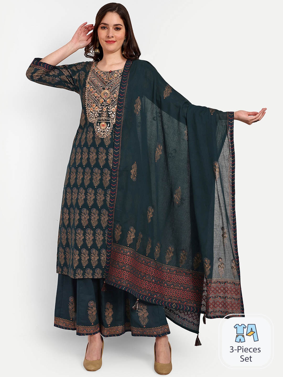 KAVITA GUPTA Ethnic Motifs Embroidered Sequinned Pure Cotton Kurta With Palazzos & Dupatta, Teal
KAVITA GUPTA Ethnic Motifs Embroidered Sequinned Pure Cotton Kurta With Palazzos & Dupatta, Teal