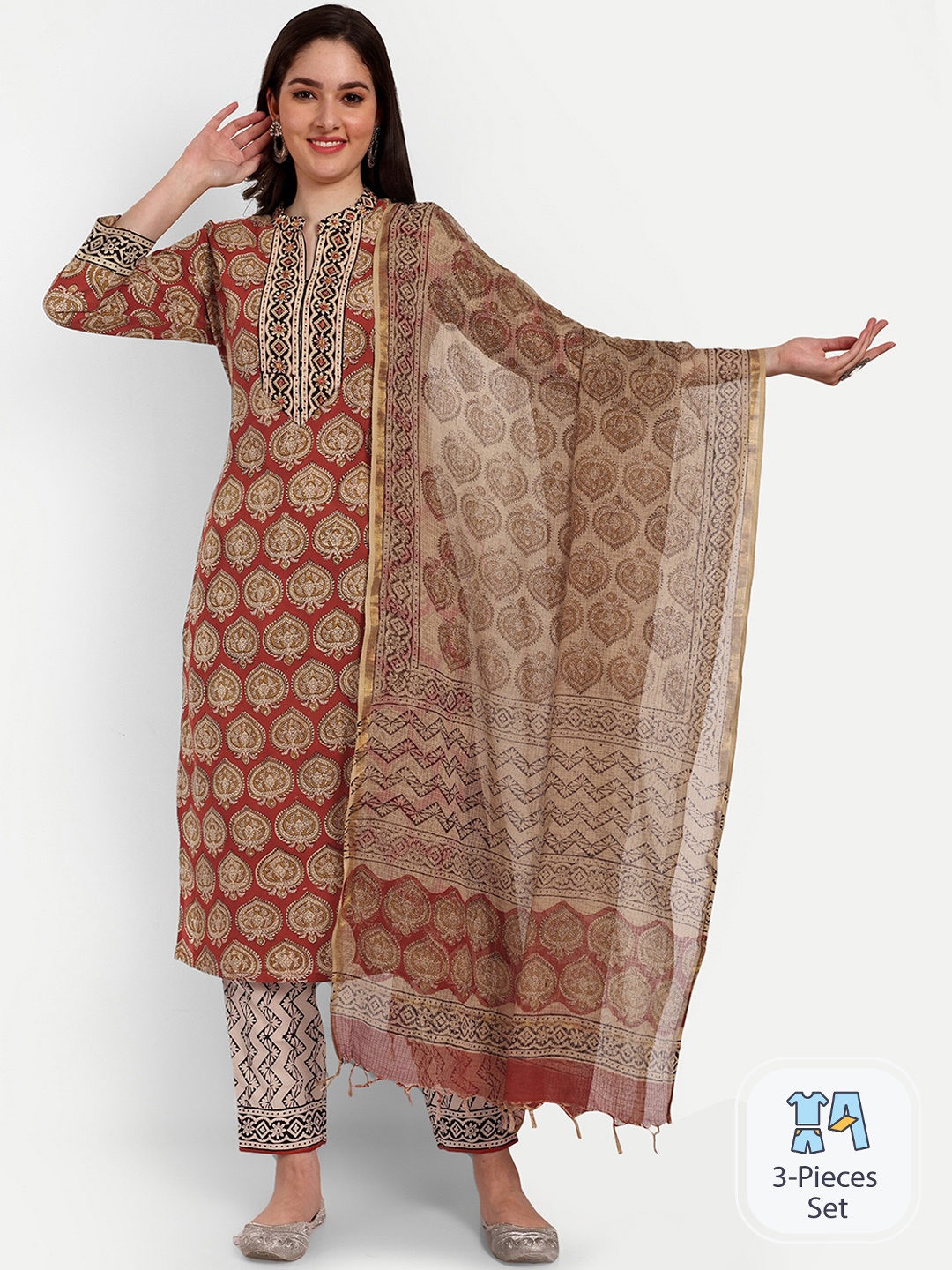 KAVITA GUPTA Ethnic Motifs Printed Thread Work Pure Cotton Kurta with Trousers & Dupatta, Maroon
KAVITA GUPTA Ethnic Motifs Printed Thread Work Pure Cotton Kurta with Trousers & Dupatta, Maroon
