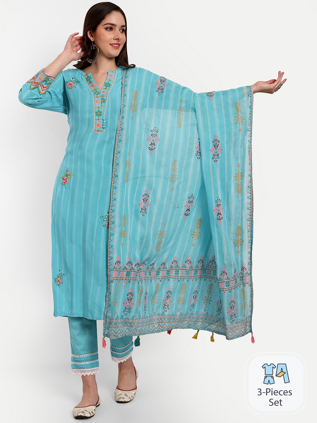 KAVITA GUPTA Floral Embroidered Regular Kurta With Palazzos & Dupatta, Turquoise blue
KAVITA GUPTA Floral Embroidered Regular Kurta With Palazzos & Dupatta, Turquoise blue