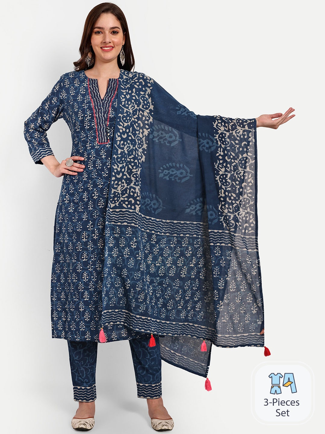 KAVITA GUPTA Ethnic Motifs Printed Thread Work Pure Cotton Kurta with Trousers & Dupatta, Blue
KAVITA GUPTA Ethnic Motifs Printed Thread Work Pure Cotton Kurta with Trousers & Dupatta, Blue