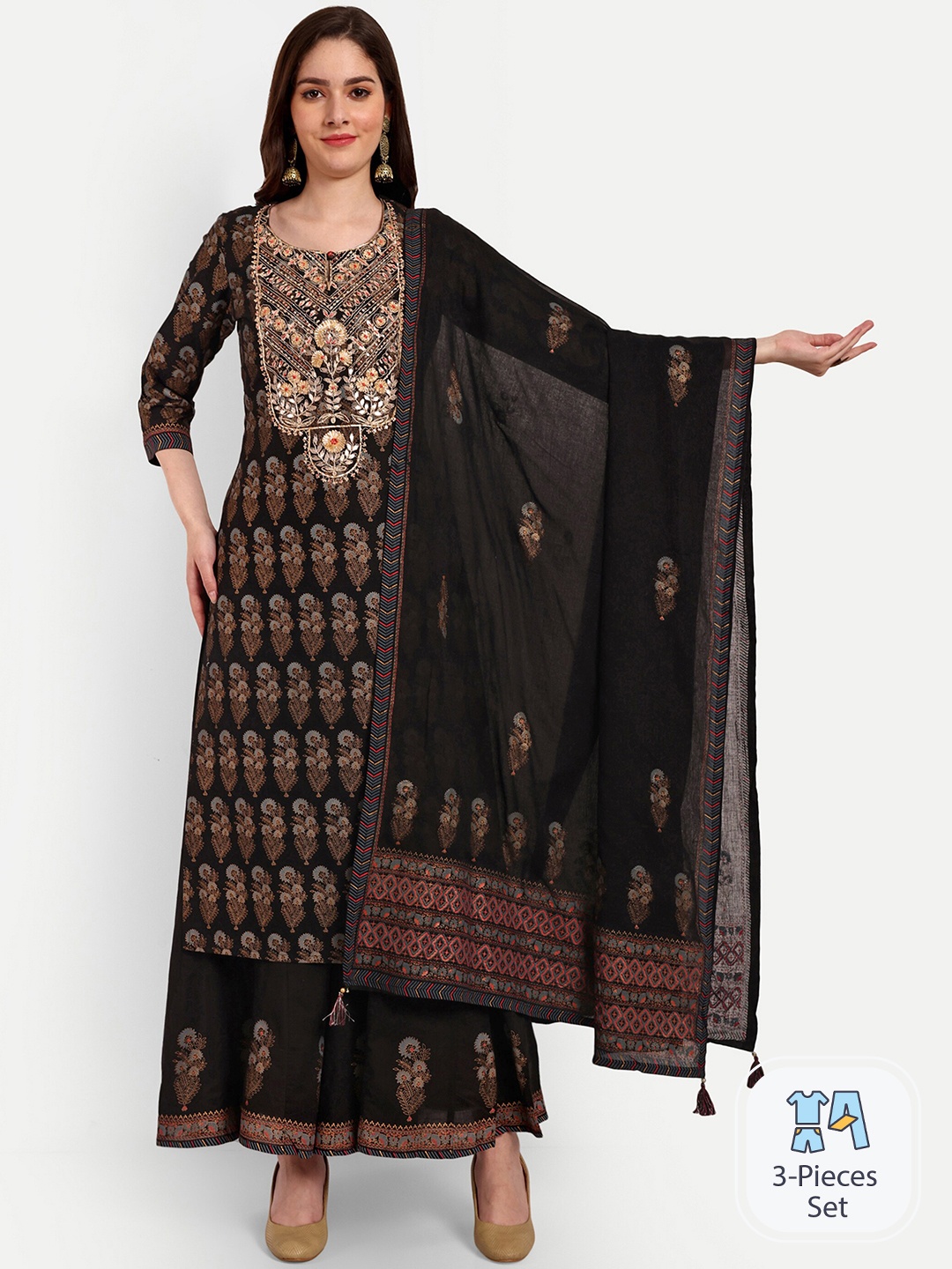 KAVITA GUPTA Ethnic Motifs Printed Sequined Pure Cotton Kurta with Palazzos & Dupatta, Black
KAVITA GUPTA Ethnic Motifs Printed Sequined Pure Cotton Kurta with Palazzos & Dupatta, Black