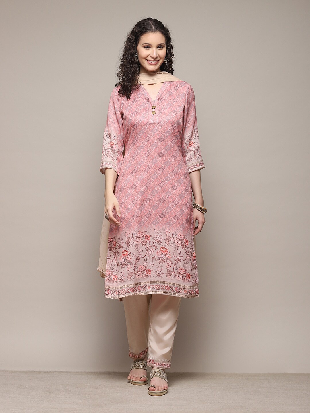 Biba Printed Unstitched Dress Material, Pink