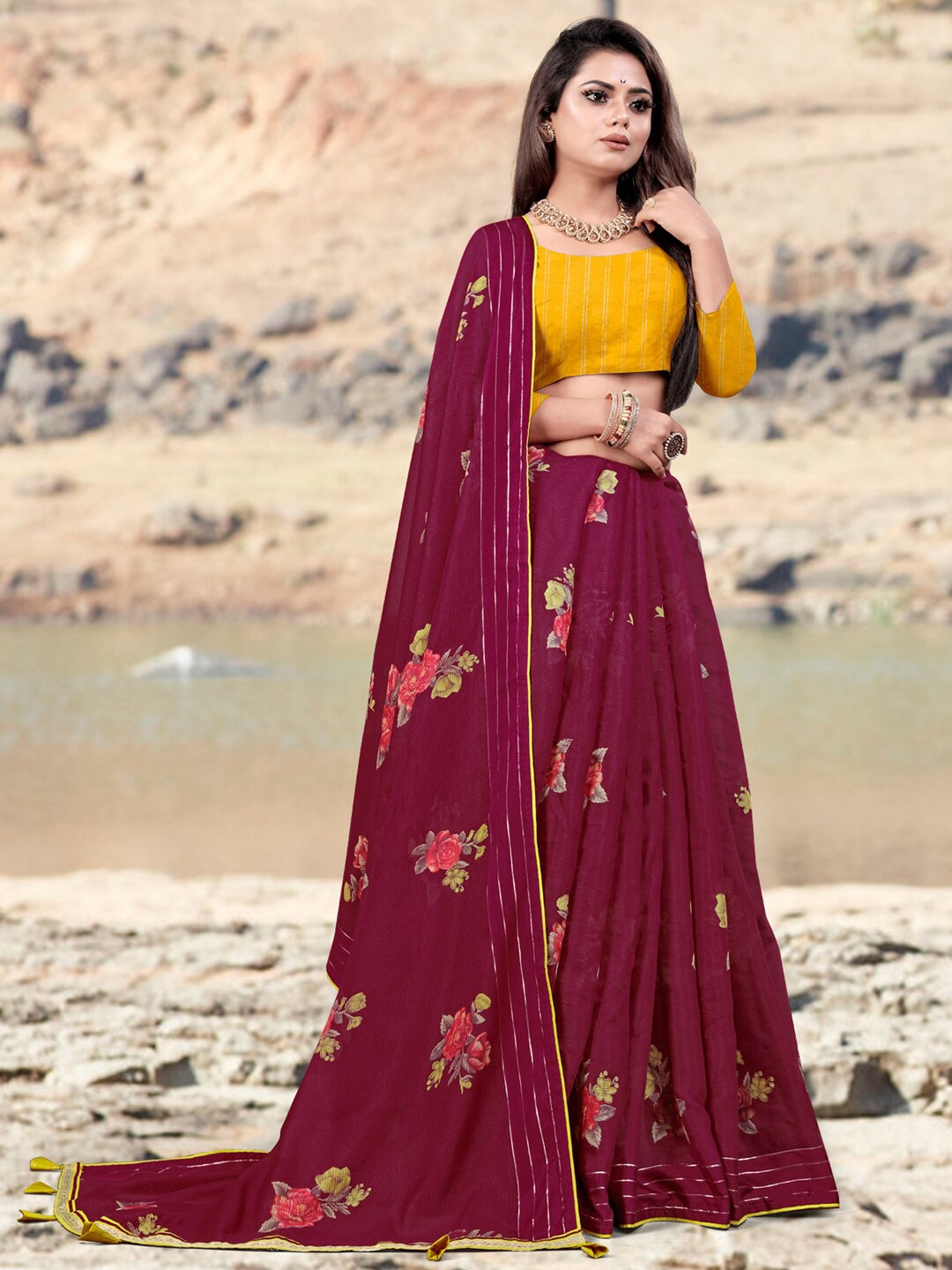 Mitera Floral Printed Dabu Saree, Purple