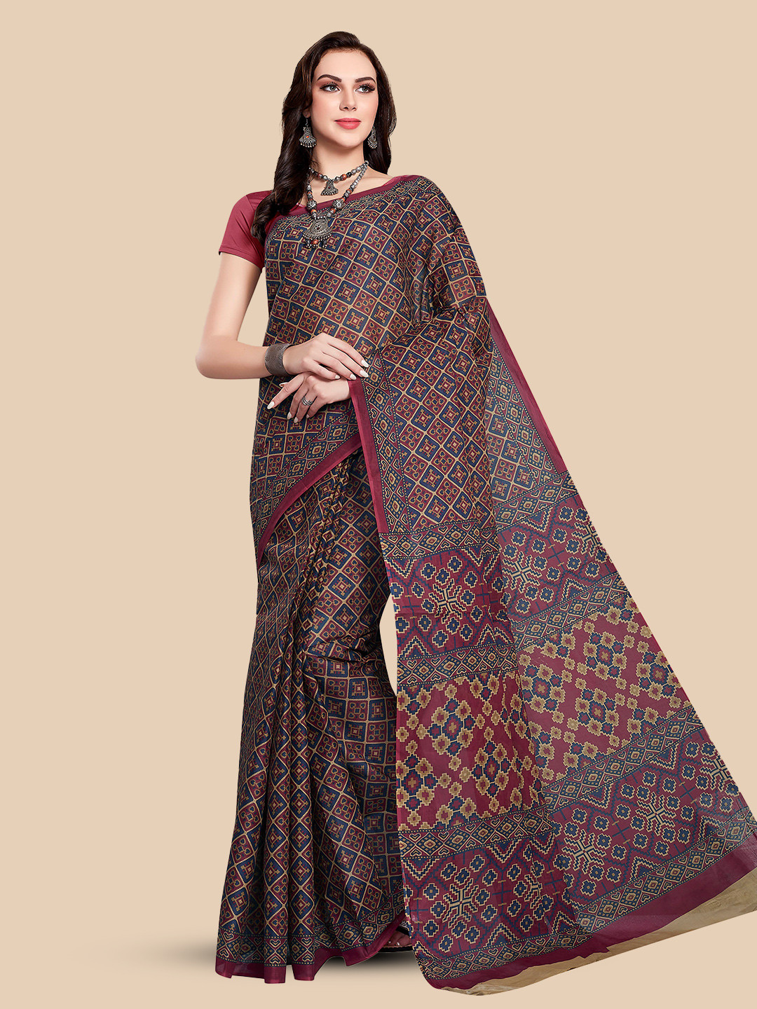 Rani Saahiba Geometric Printed Pure Cotton Patola Saree, Purple 
Rani Saahiba Geometric Printed Pure Cotton Patola Saree, Purple