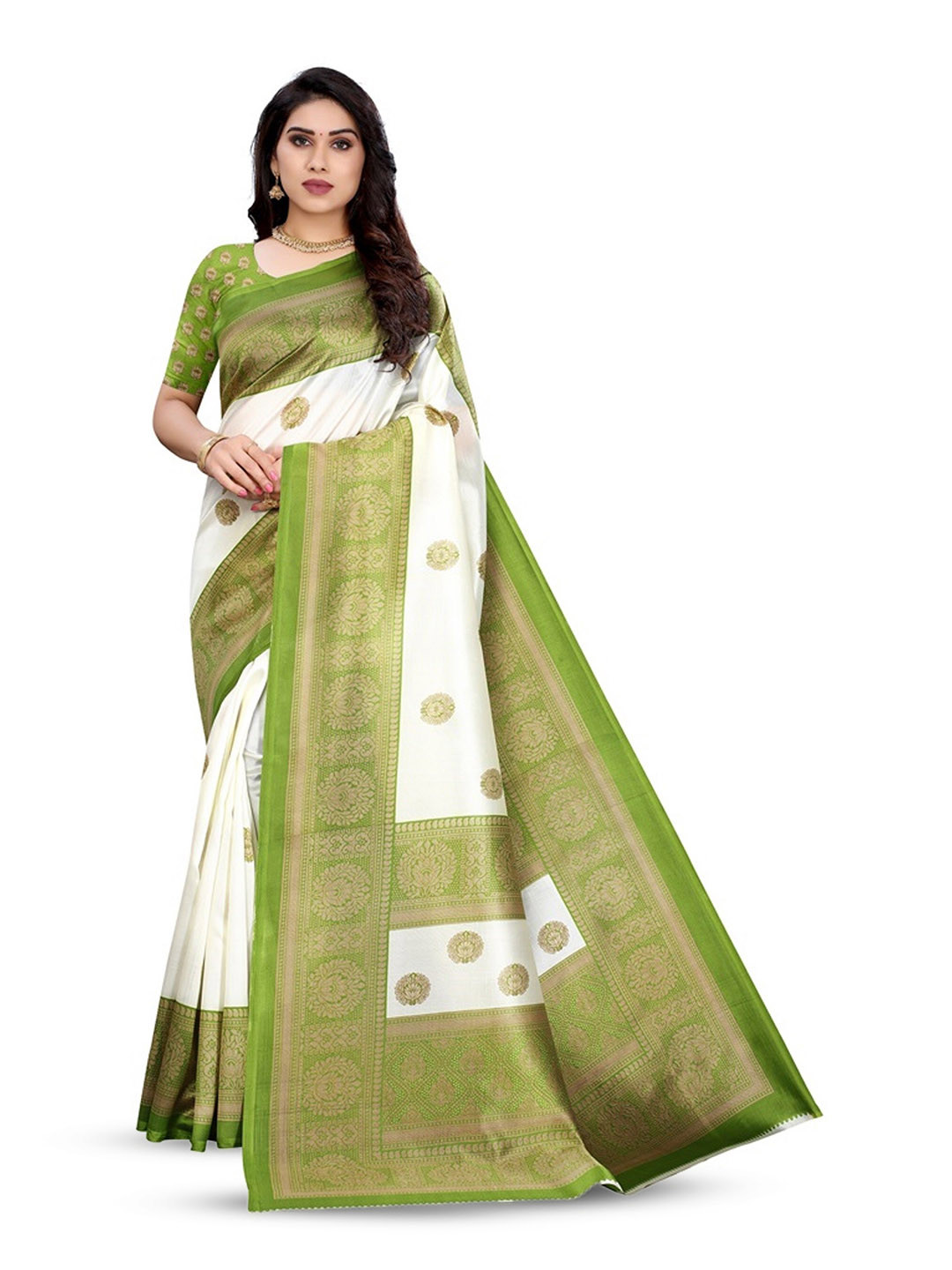 KALINI Green & White Ethnic Motifs Printed Art Silk Saree
KALINI Green & White Ethnic Motifs Printed Art Silk Saree