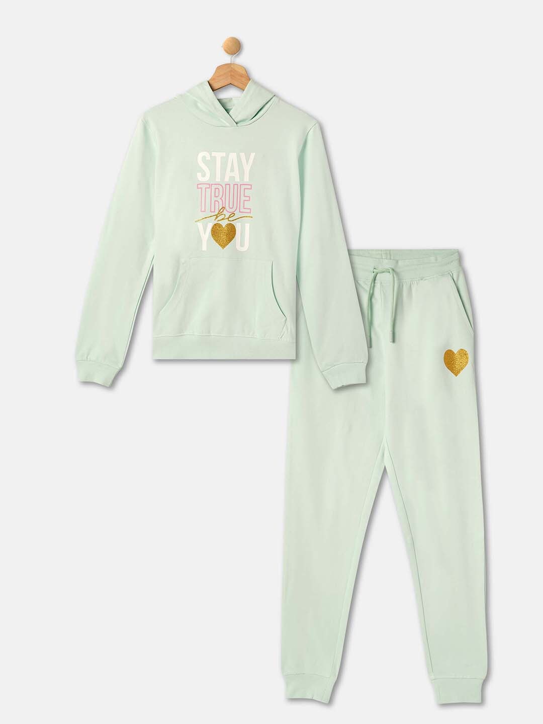 R&B Girls Typography Printed Top With Pyjamas, Green