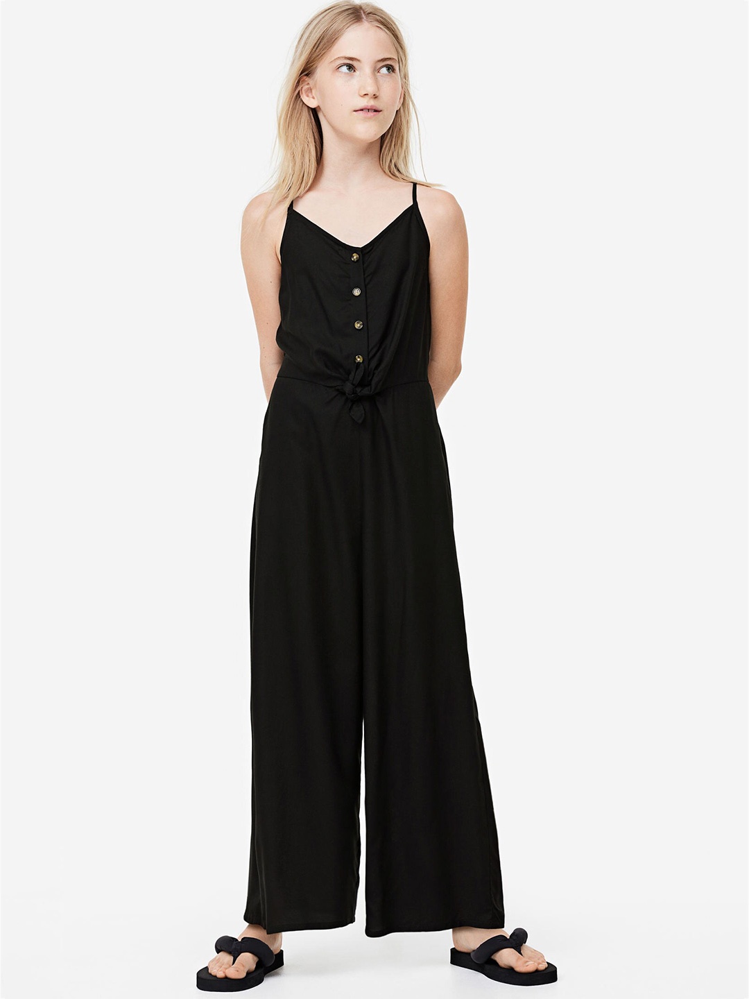 H&M Girls Tie-Detail Viscose Jumpsuit, Black
