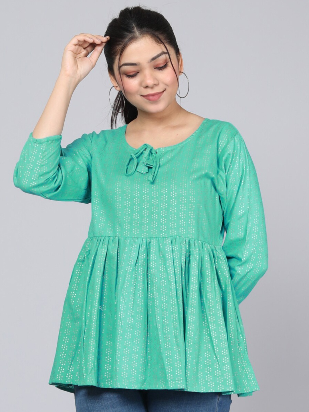 HIGHLIGHT FASHION EXPORT Geometric Printed Puffed Sleeves Gathered or Pleated Top, Green
HIGHLIGHT FASHION EXPORT Geometric Printed Puffed Sleeves Gathered or Pleated Top, Green