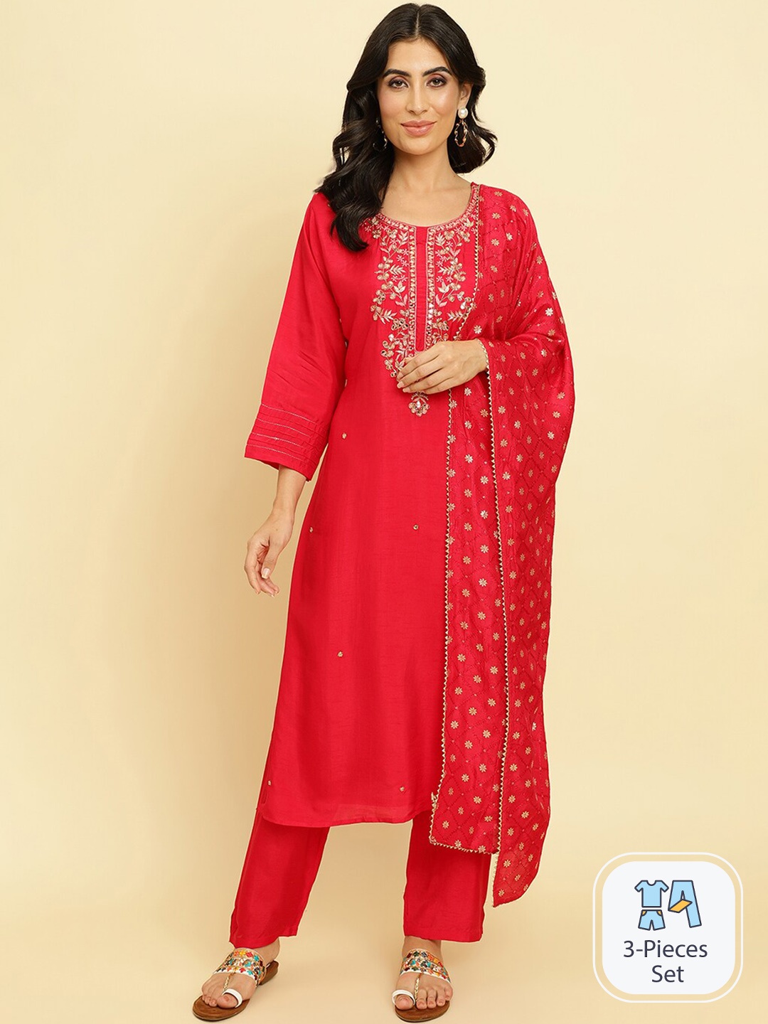 Varanga Floral Yoke Design Beads & Stones Kurta With Trousers & Dupatta, Coral
Varanga Floral Yoke Design Beads & Stones Kurta With Trousers & Dupatta, Coral
