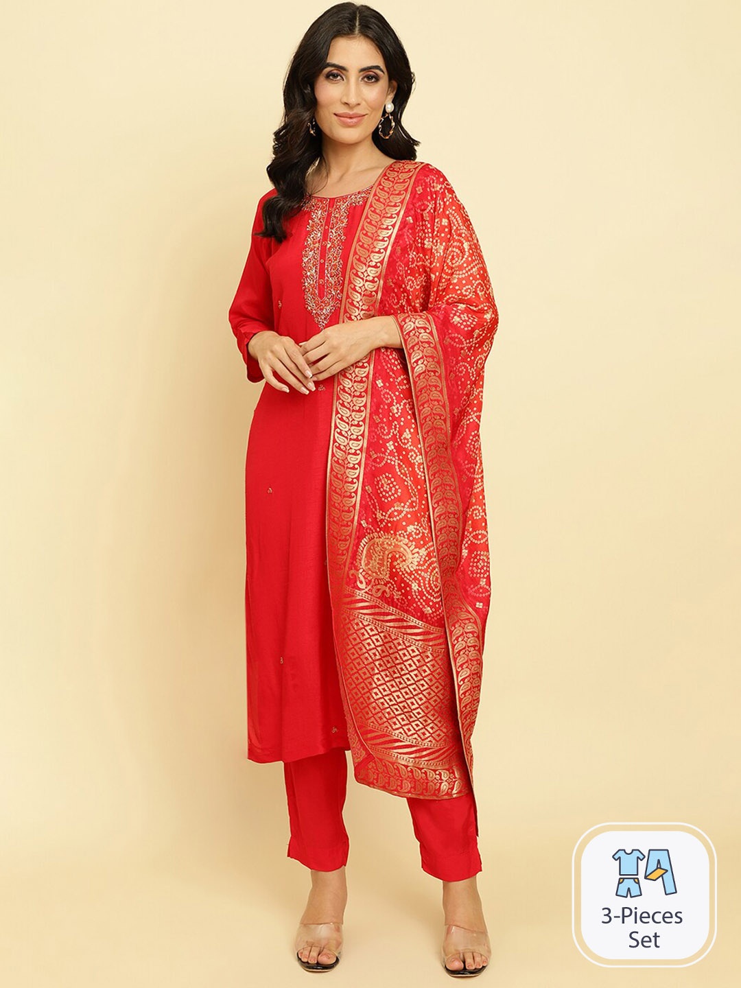Varanga Ethnic Motifs Embroidered Beads & Stones Kurta With Trousers & Dupatta, Red
Varanga Ethnic Motifs Embroidered Beads & Stones Kurta With Trousers & Dupatta, Red