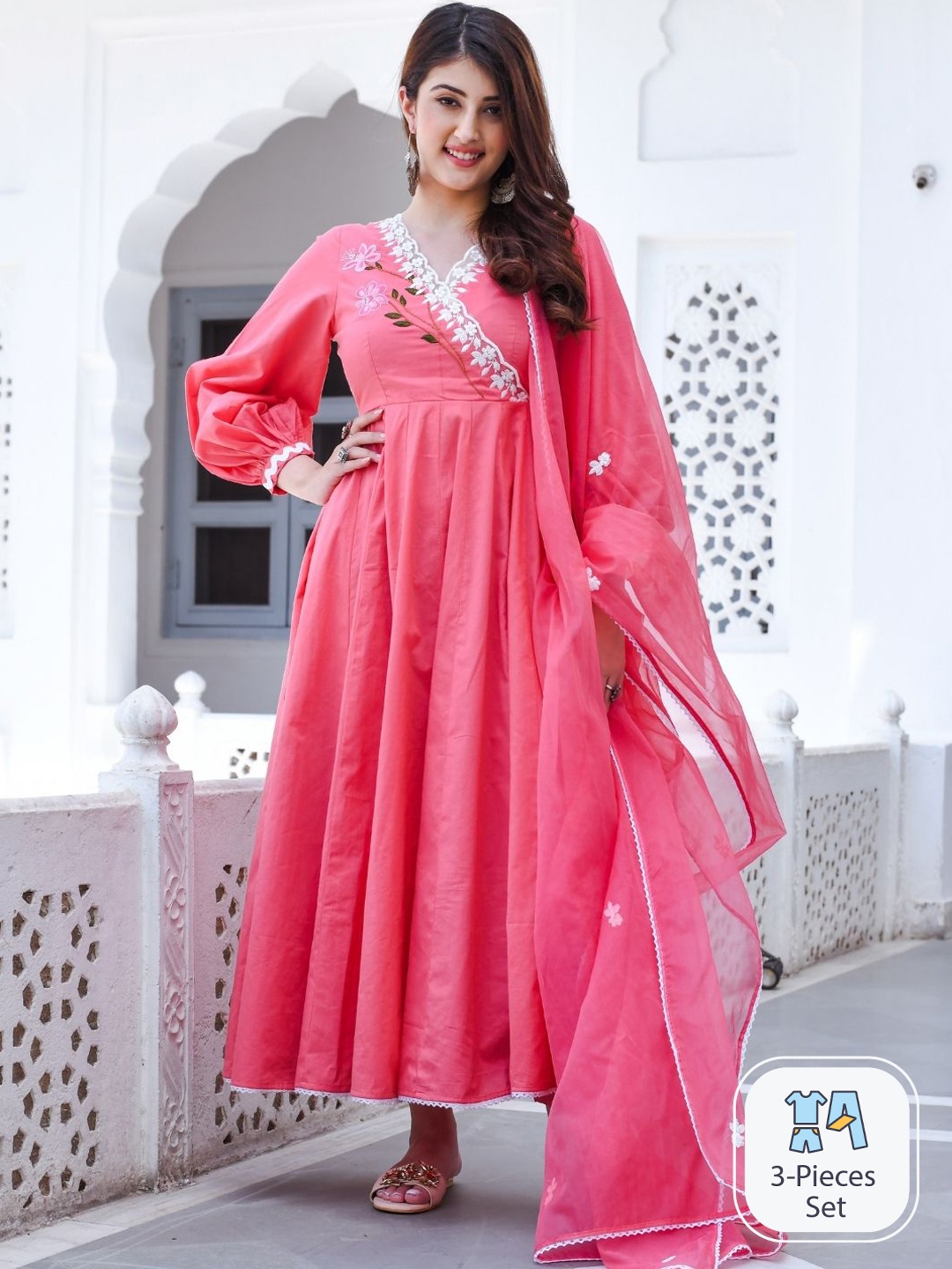Urbanstree Floral Embroidered Puff Sleeve Anarkali Pleated Cotton Kurta Set With Dupatta, Pink
Urbanstree Floral Embroidered Puff Sleeve Anarkali Pleated Cotton Kurta Set With Dupatta, Pink