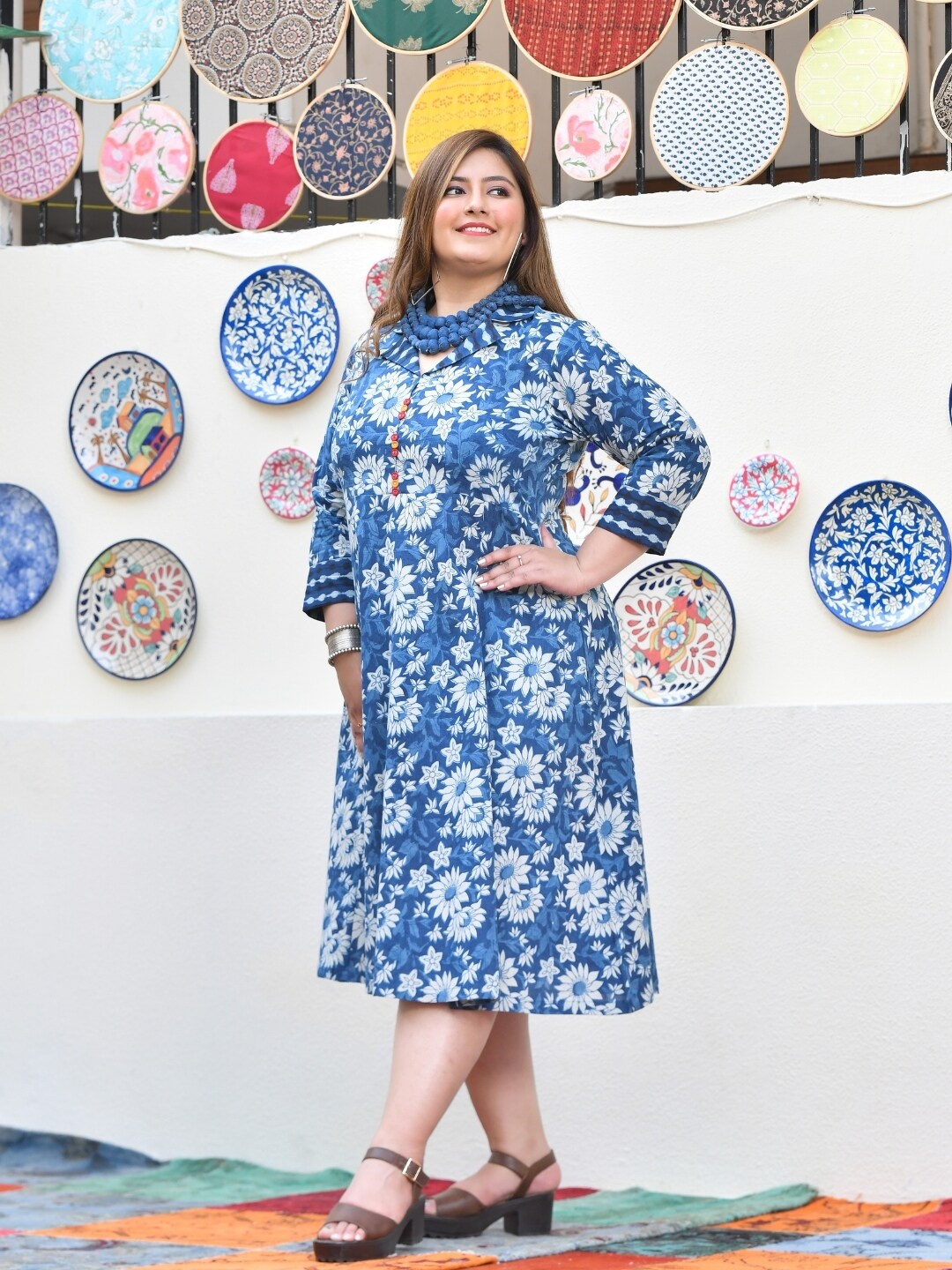 The Plus Size Store by Meera Creations Floral Printed A-Line Dress, Blue