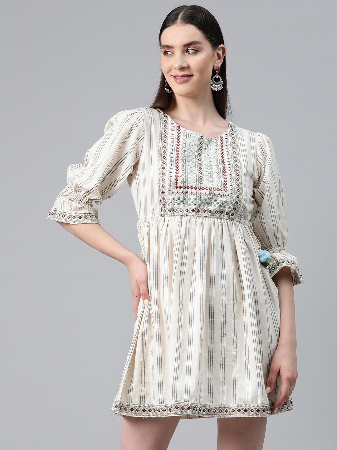 Readiprint Fashions Striped Puff Sleeves Embellished Tiered Fit & Flare Dress, Off white
Readiprint Fashions Striped Puff Sleeves Embellished Tiered Fit & Flare Dress, Off white