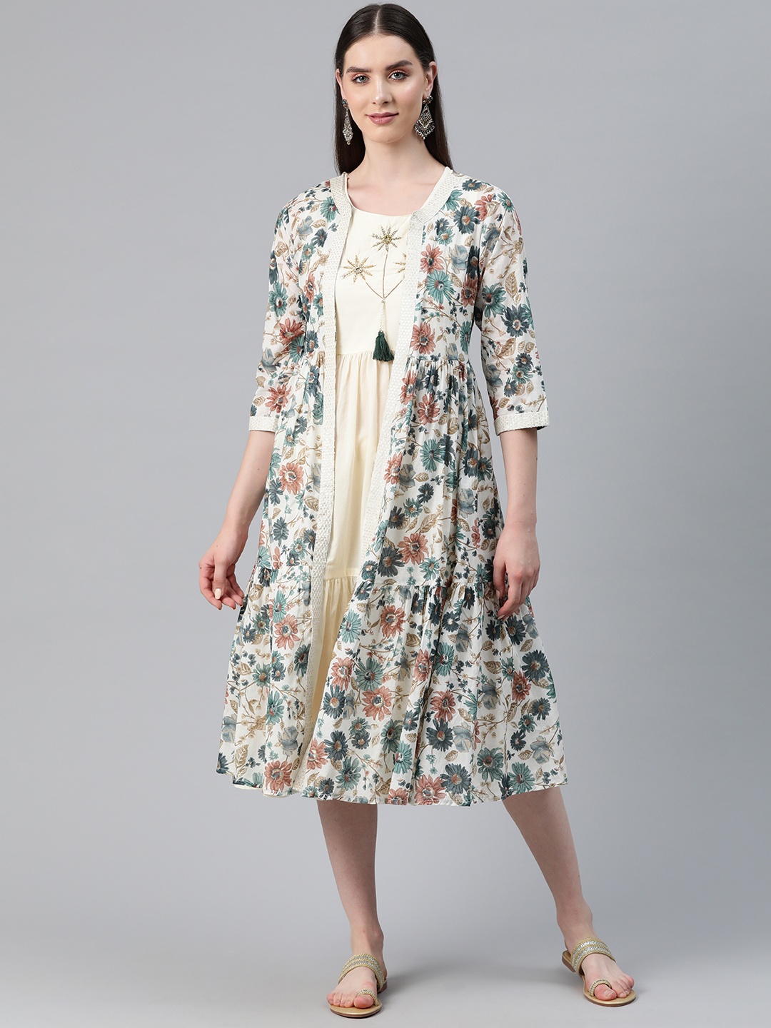 Readiprint Fashions Floral Embroidered Fit & Flare Dress with Jacket, Cream