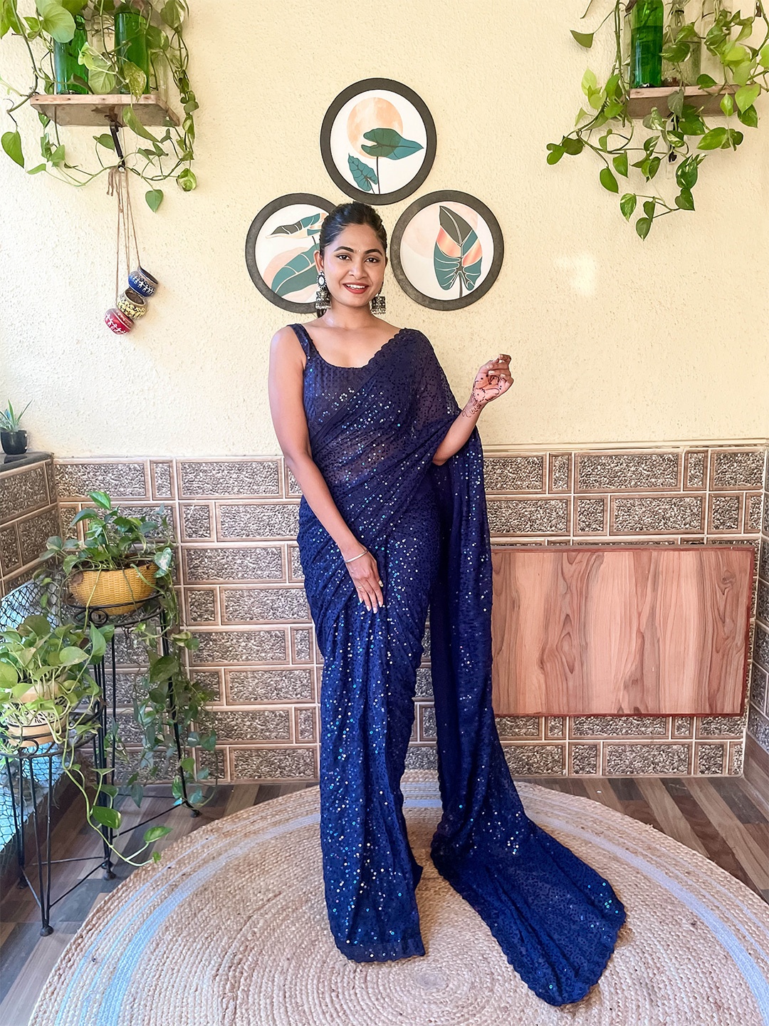 Mitera Sequin Embellished Saree, Navy blue