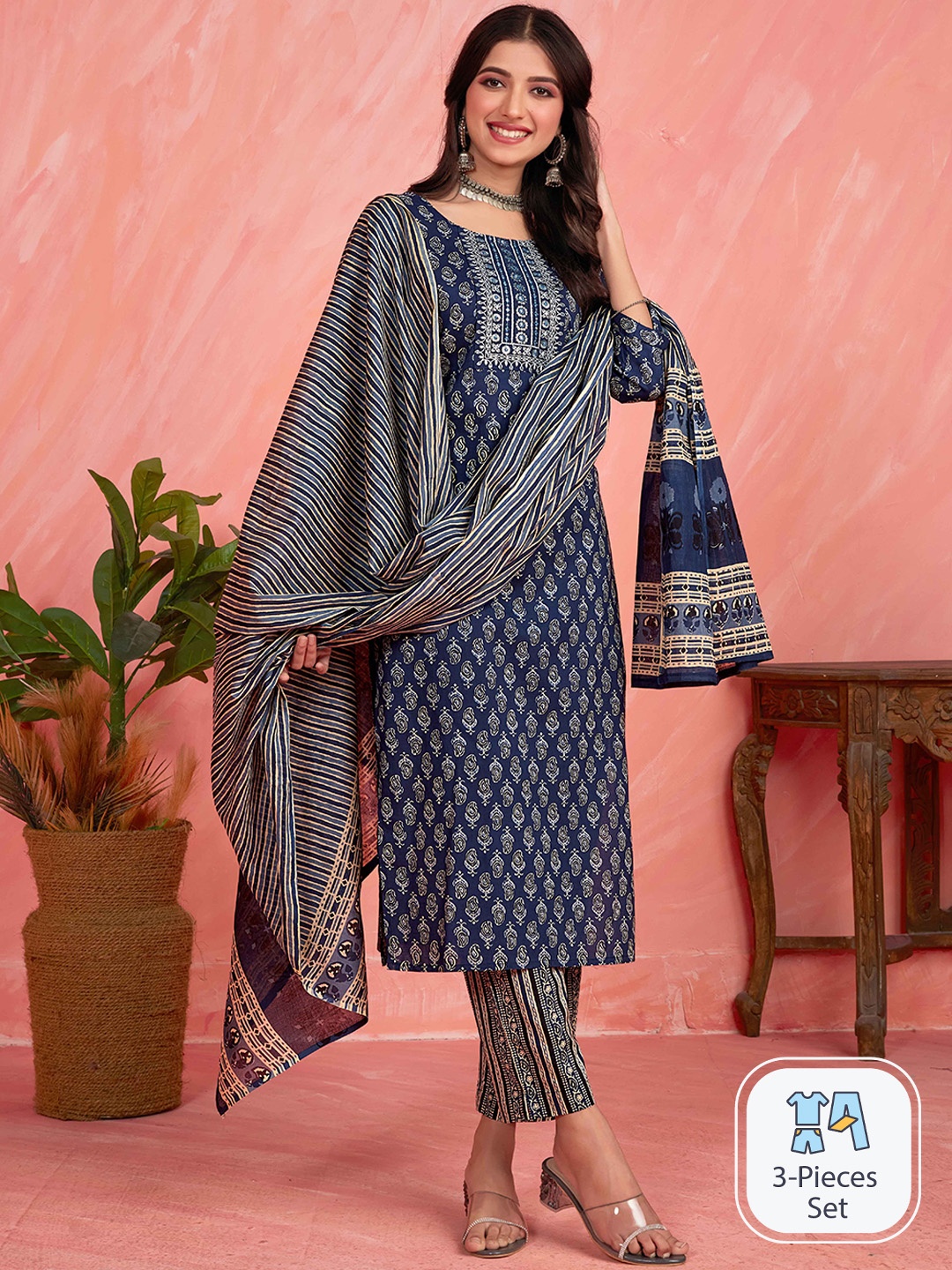 Sangria Ethnic Printed Thread Work Sequined Pure Cotton Kurta With Trouser & Dupatta, Navy blue
Sangria Ethnic Printed Thread Work Sequined Pure Cotton Kurta With Trouser & Dupatta, Navy blue