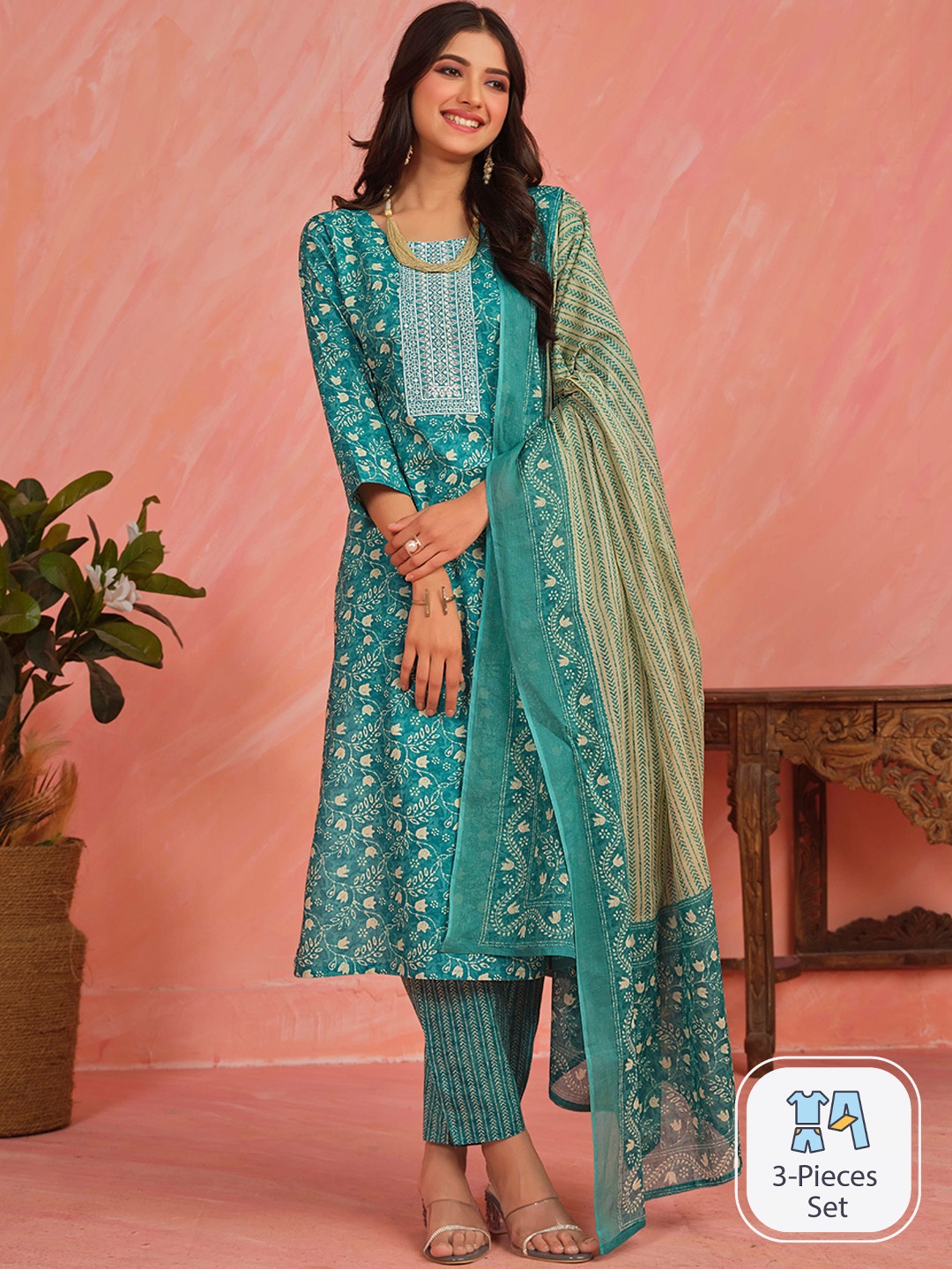 Sangria Ethnic Printed Thread Work Sequined Pure Cotton Kurta With Trouser & Dupatta, Sea green
Sangria Ethnic Printed Thread Work Sequined Pure Cotton Kurta With Trouser & Dupatta, Sea green