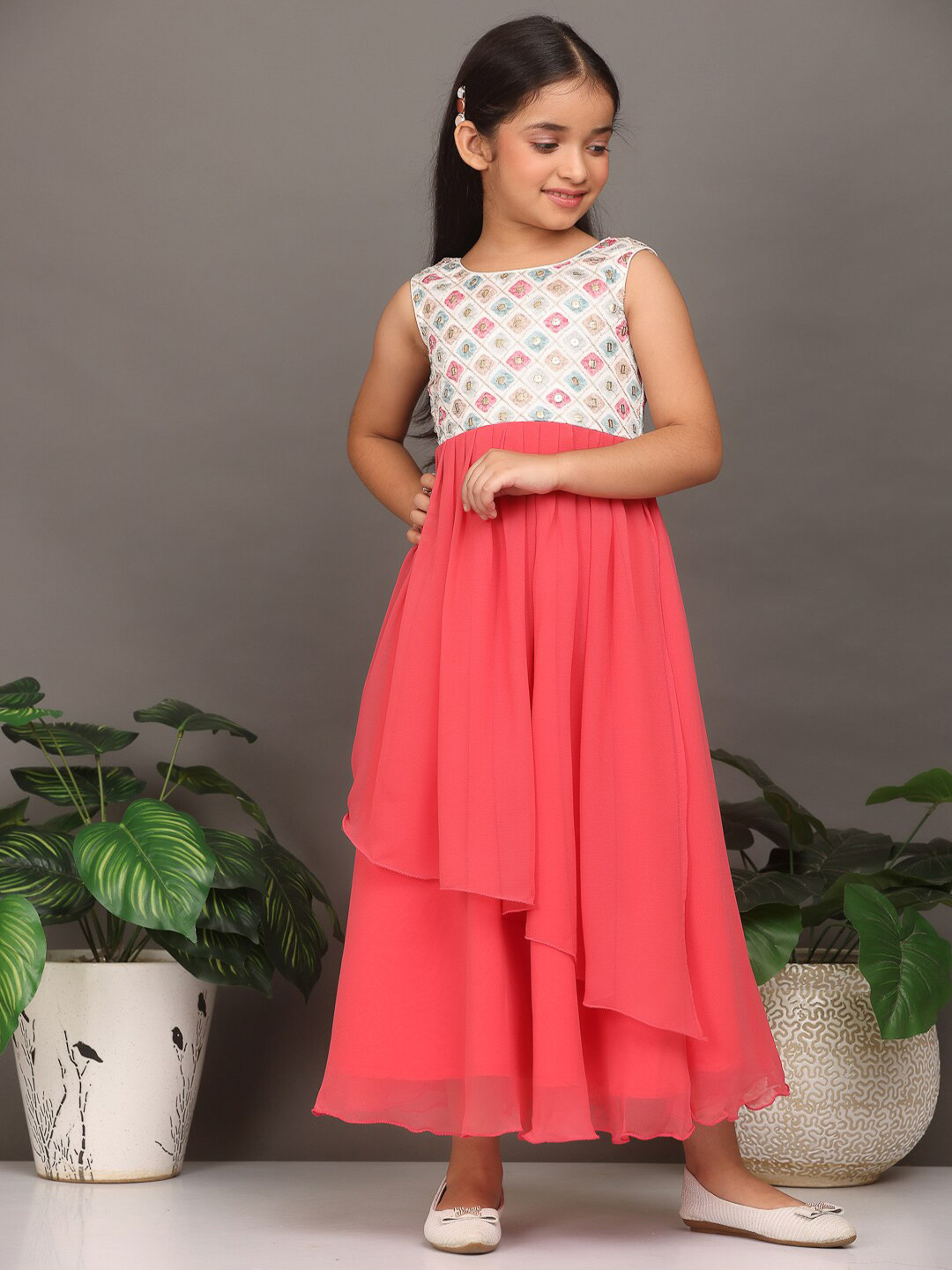 Ethnovog Girls Geometric Printed Sequinned Georgette Maxi Dress, Pink 
Ethnovog Girls Geometric Printed Sequinned Georgette Maxi Dress, Pink