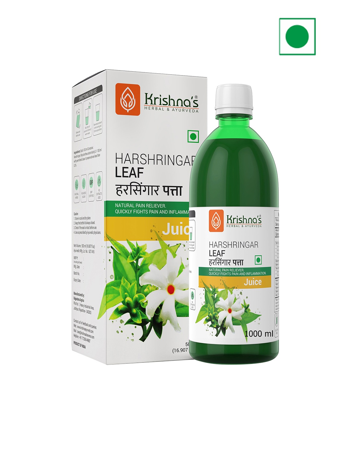Krishna's Herbal & Ayurveda Harshringar Leaf Juice To Support Skin Health - 1L, Green
Krishna's Herbal & Ayurveda Harshringar Leaf Juice To Support Skin Health - 1L, Green