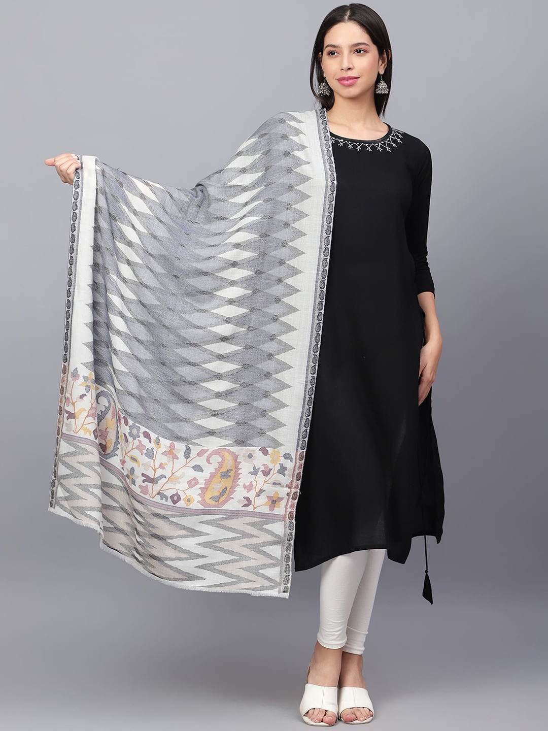 MODARTA Geometric Woven Design Artwork Kani Pure Wool Shawl, Grey