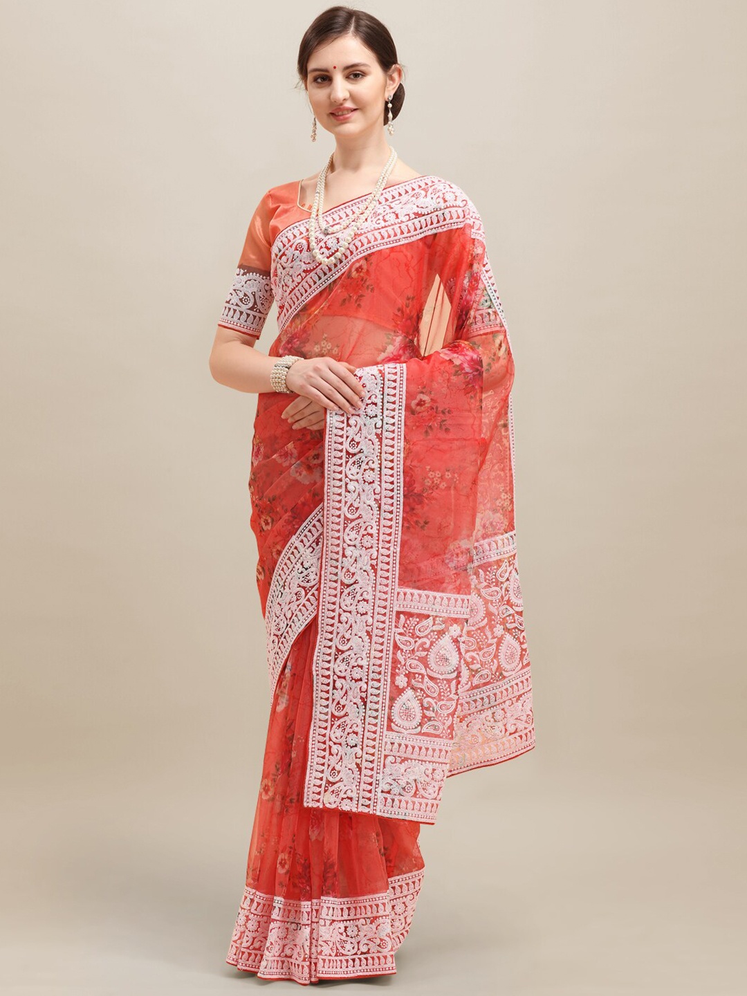 Mitera Orange & White Floral Embroidered Organza Saree