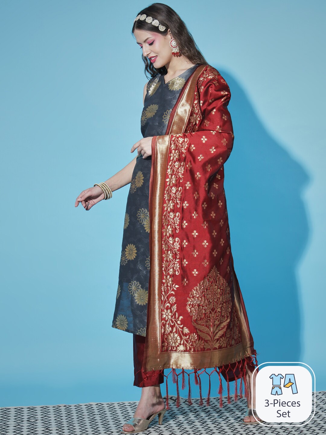 PPTOSS Ethnic Motifs Woven Design Regular Kurta With Trousers & Dupatta, Grey
PPTOSS Ethnic Motifs Woven Design Regular Kurta With Trousers & Dupatta, Grey