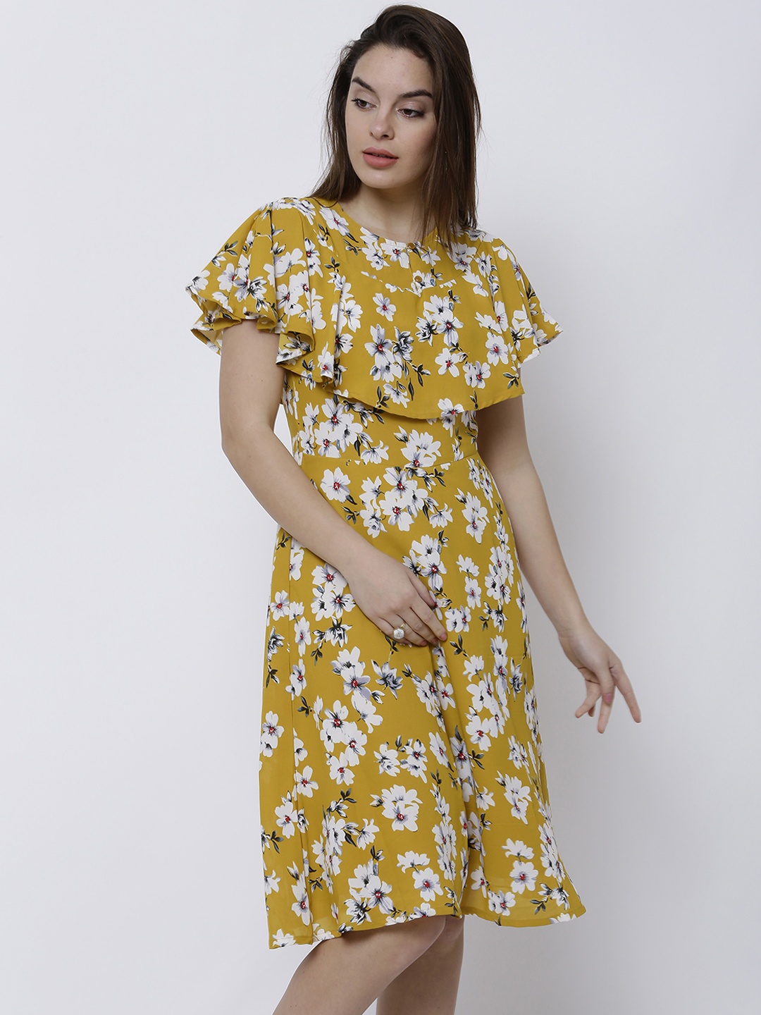 Tokyo Talkies Women Mustard Printed Fit and Flare Dress