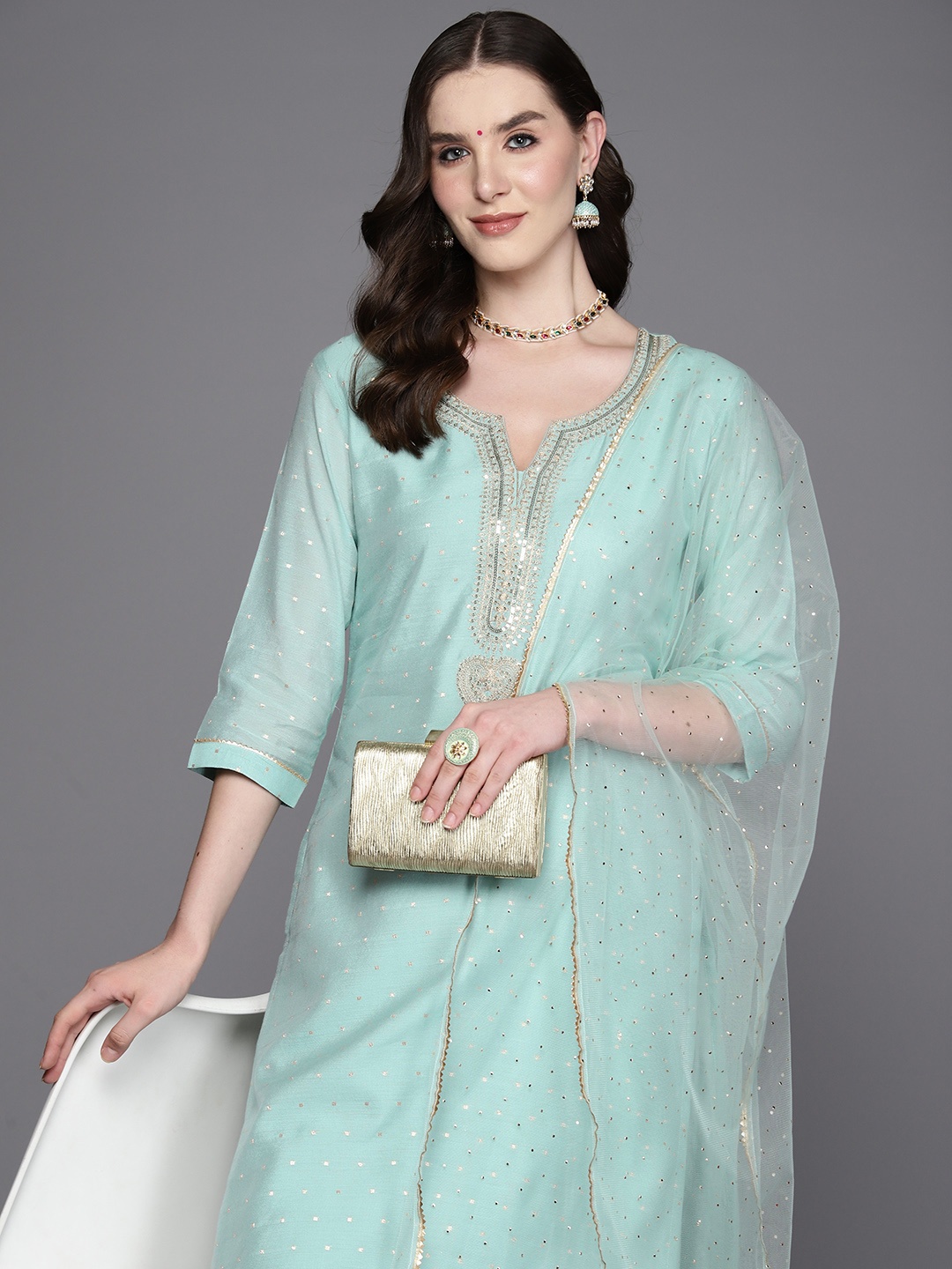Indo Era Embroidered Regular Sequinned Chanderi Silk Kurta with Trousers & Dupatta, Sea green
Indo Era Embroidered Regular Sequinned Chanderi Silk Kurta with Trousers & Dupatta, Sea green