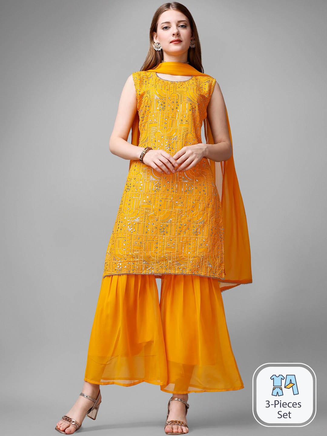 KALINI Ethnic Motifs Embroidered Sequinned Georgette Kurta with Trousers & With Dupatta, Yellow
KALINI Ethnic Motifs Embroidered Sequinned Georgette Kurta with Trousers & With Dupatta, Yellow