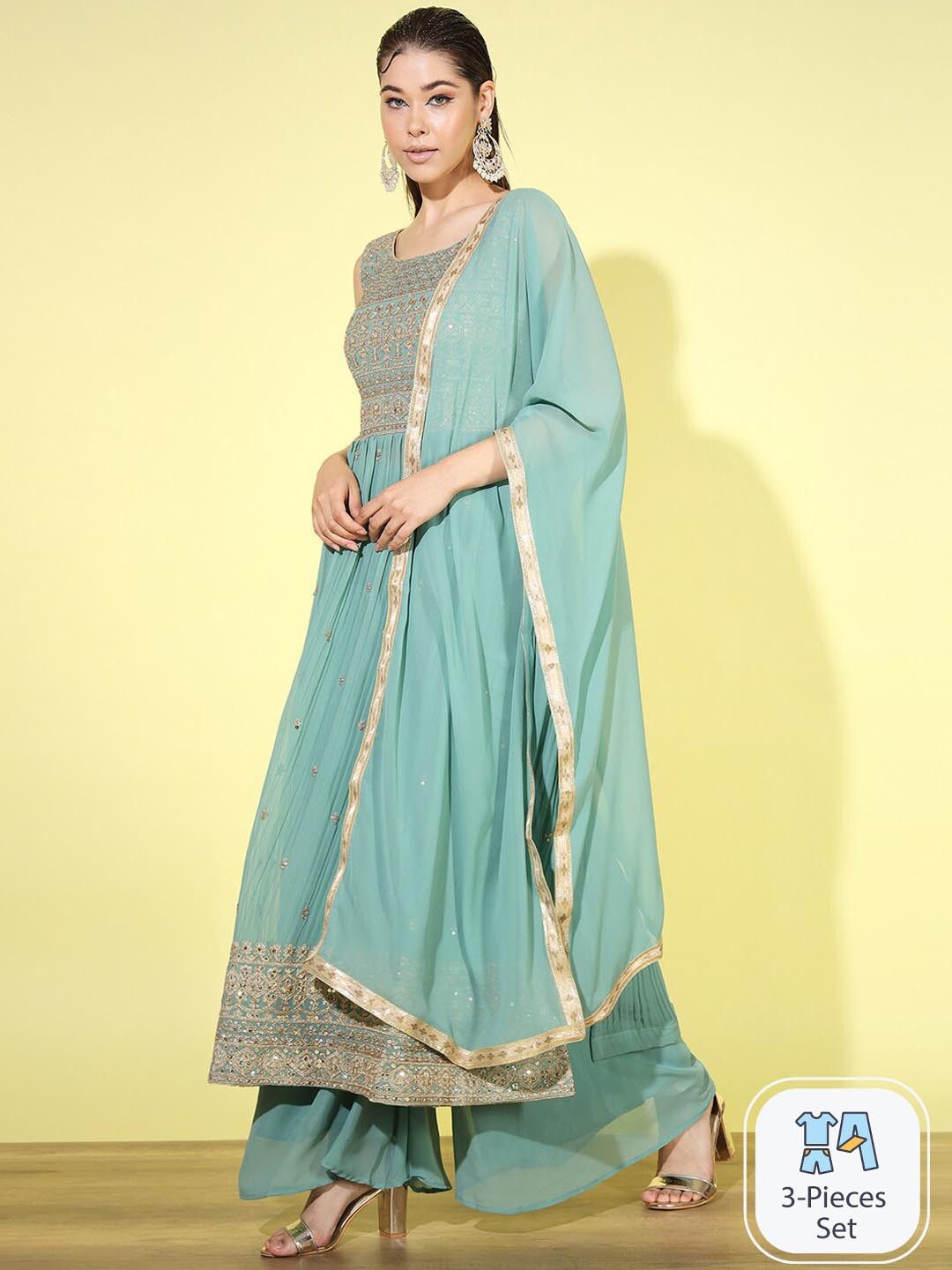 Chhabra 555 Ethnic Motif Embroidered High Slit A-Line Kurta & Palazzo with Dupatta Sets, Sea green
Chhabra 555 Ethnic Motif Embroidered High Slit A-Line Kurta & Palazzo with Dupatta Sets, Sea green