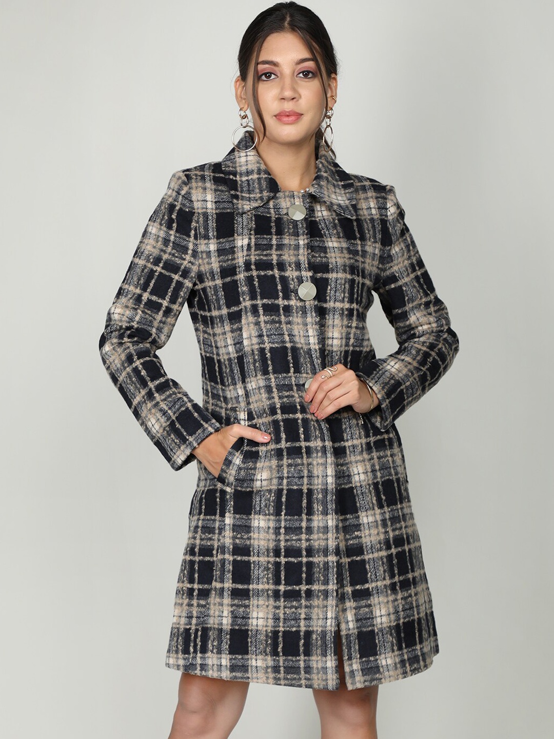 CHKOKKO Checked Spread Collar Single-Breasted Woolen Longline Princess Coat, Navy blue
CHKOKKO Checked Spread Collar Single-Breasted Woolen Longline Princess Coat, Navy blue