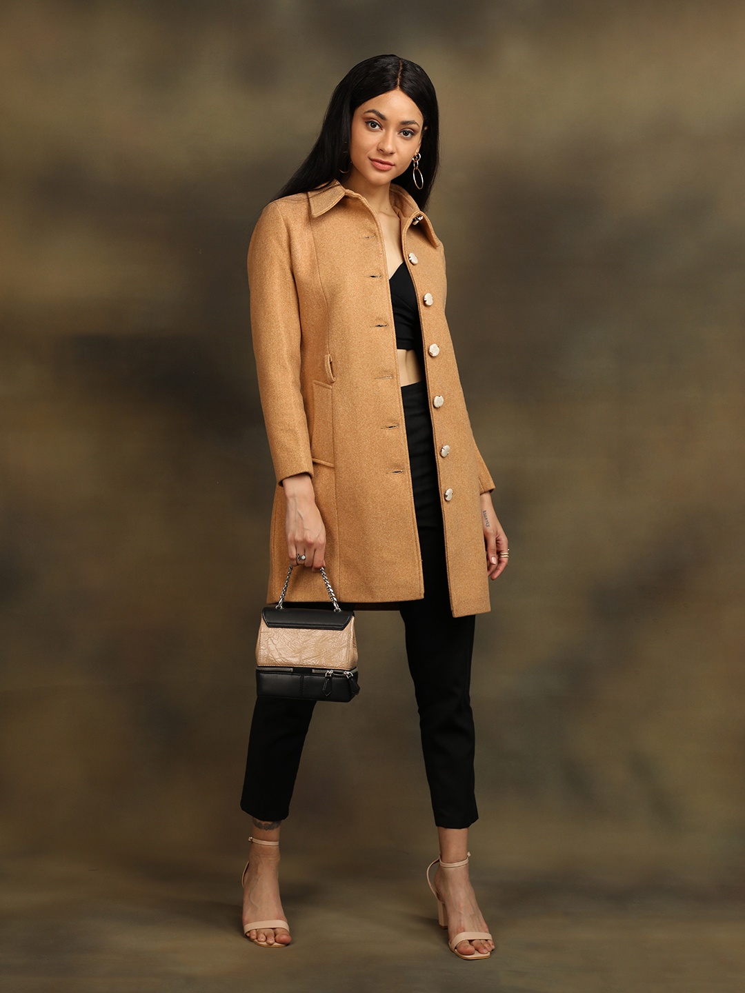 CHKOKKO Single-Breasted Overcoat, Brown