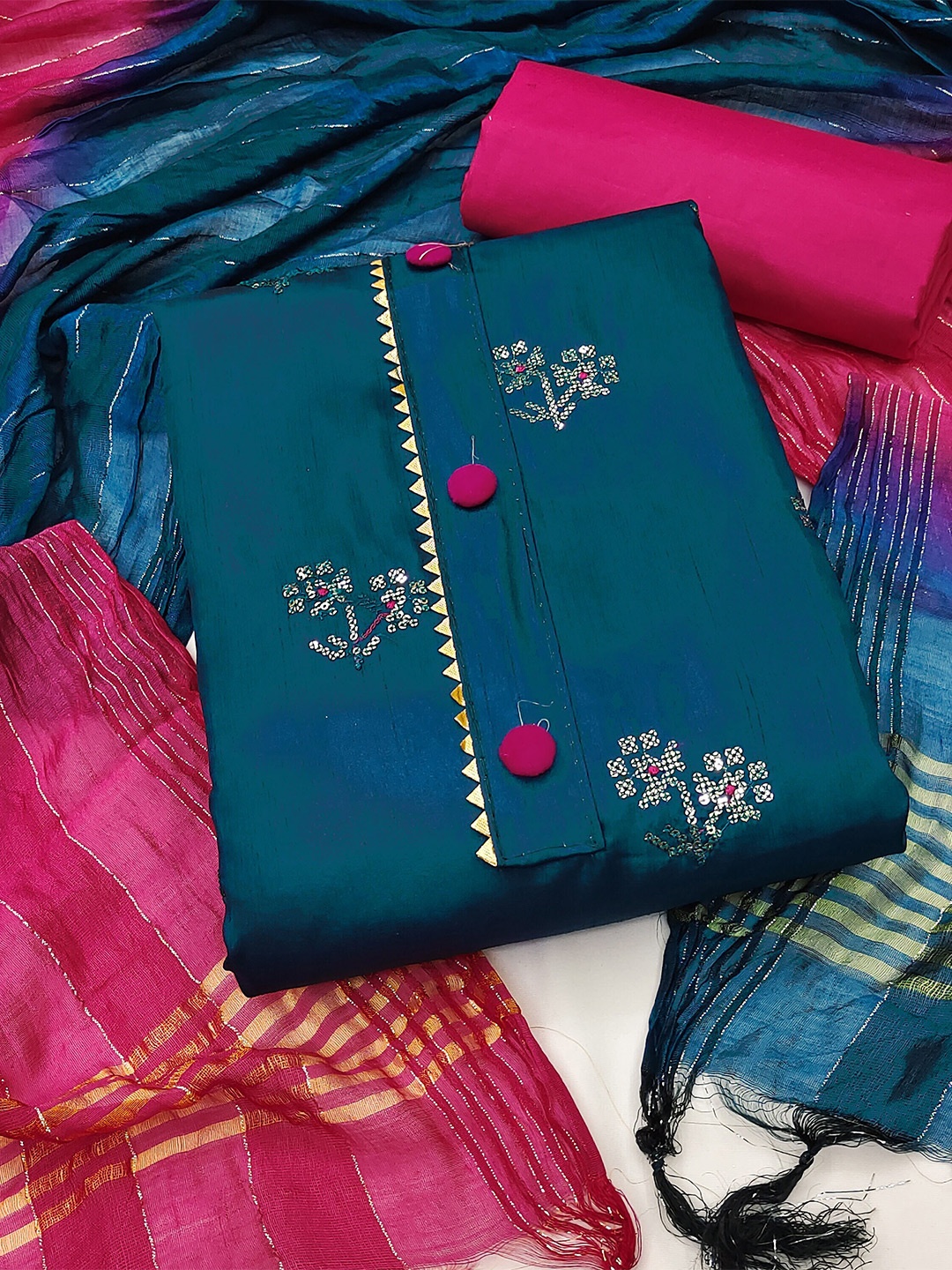 SHADOW & SAINING Floral Embroidered Unstitched Dress Material, Blue