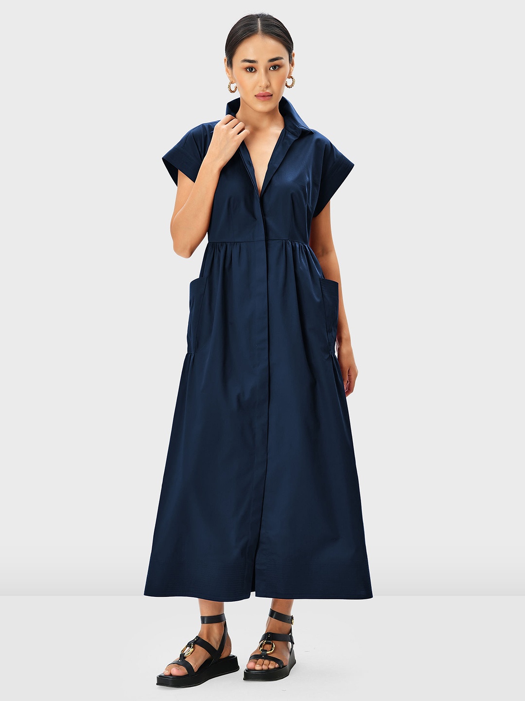 Zapelle Shirt Collar Extended Sleeves Gathered Detail Cotton A-Line Dress, Navy blue
Zapelle Shirt Collar Extended Sleeves Gathered Detail Cotton A-Line Dress, Navy blue
