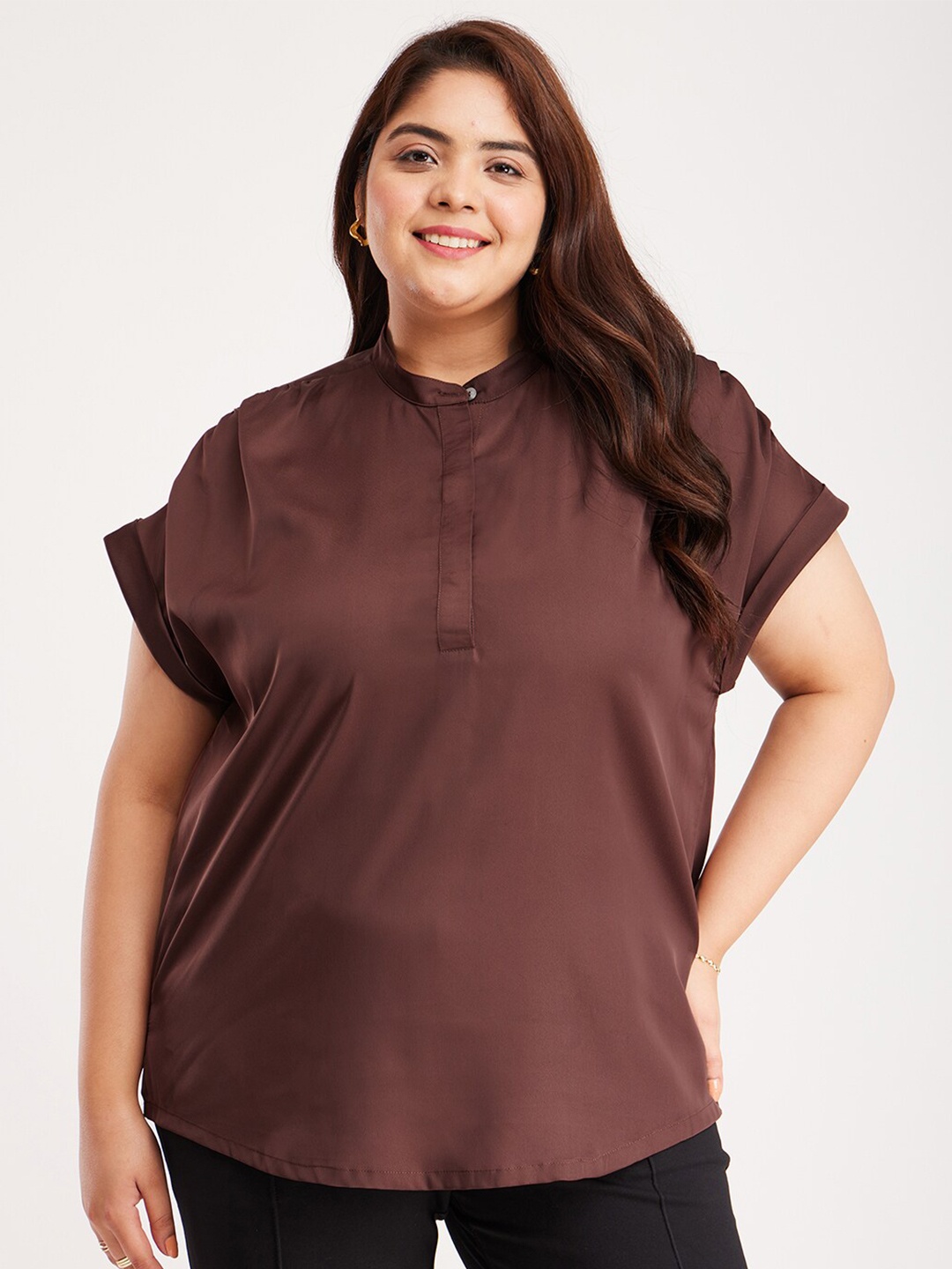 FableStreet X Plus Size Mandarin Collar Extended Sleeves Satin Shirt Style Top, Brown
FableStreet X Plus Size Mandarin Collar Extended Sleeves Satin Shirt Style Top, Brown